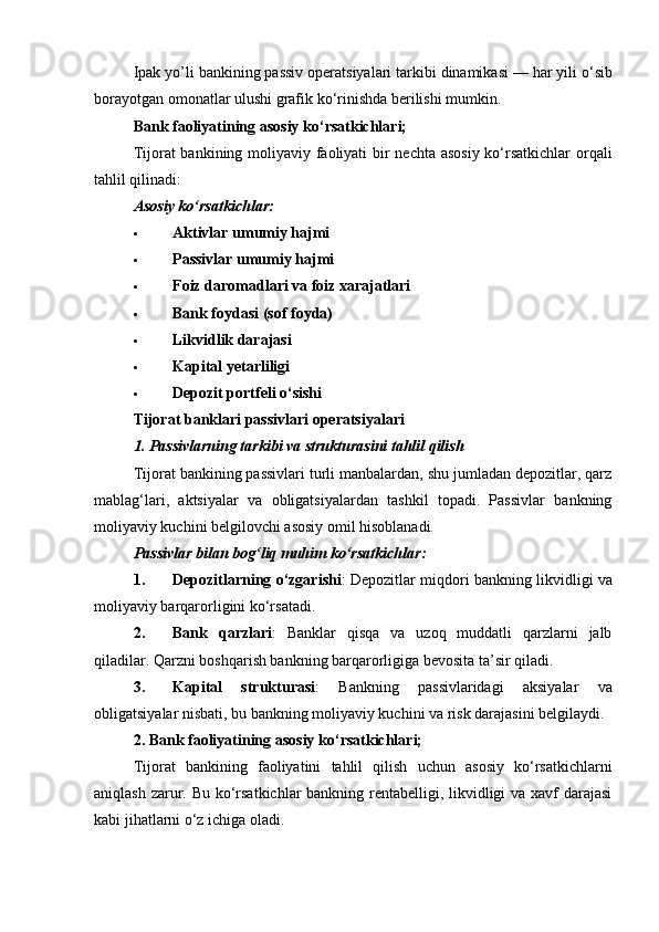Ipak   yo ’ li   bankining   passiv   operatsiyalari   tarkibi   dinamikasi  —  har   yili   o ‘ sib
borayotgan   omonatlar   ulushi   grafik   ko ‘ rinishda   berilishi   mumkin .
Bank faoliyatining asosiy ko‘rsatkichlari;
Tijorat bankining moliyaviy faoliyati  bir nechta asosiy  ko‘rsatkichlar  orqali
tahlil qilinadi:
Asosiy ko‘rsatkichlar:
 Aktivlar umumiy hajmi
 Passivlar umumiy hajmi
 Foiz daromadlari va foiz xarajatlari
 Bank foydasi (sof foyda)
 Likvidlik darajasi
 Kapital yetarliligi
 Depozit portfeli o‘sishi
Tijorat banklari passivlari operatsiyalari
1. Passivlarning tarkibi va strukturasini tahlil qilish
Tijorat bankining passivlari turli manbalardan, shu jumladan depozitlar, qarz
mablag‘lari,   aktsiyalar   va   obligatsiyalardan   tashkil   topadi.   Passivlar   bankning
moliyaviy kuchini belgilovchi asosiy omil hisoblanadi.
Passivlar bilan bog‘liq muhim ko‘rsatkichlar :
1. Depozitlarning o‘zgarishi : Depozitlar miqdori bankning likvidligi va
moliyaviy barqarorligini ko‘rsatadi.
2. Bank   qarzlari :   Banklar   qisqa   va   uzoq   muddatli   qarzlarni   jalb
qiladilar.  Qarzni boshqarish bankning barqarorligiga bevosita ta’sir qiladi.
3. Kapital   strukturasi :   Bankning   passivlaridagi   aksiyalar   va
obligatsiyalar nisbati, bu bankning moliyaviy kuchini va risk darajasini belgilaydi.
2. Bank faoliyatining asosiy ko‘rsatkichlari;
Tijorat   bankining   faoliyatini   tahlil   qilish   uchun   asosiy   ko‘rsatkichlarni
aniqlash zarur. Bu ko‘rsatkichlar bankning rentabelligi, likvidligi  va xavf  darajasi
kabi jihatlarni o‘z ichiga oladi. 