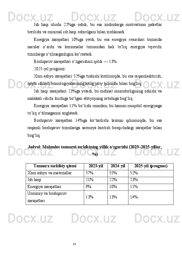 24Ish   haqi   ulushi   22%ga   oshdi,   bu   esa   xodimlarga   motivatsion   paketlar
berilishi va minimal ish haqi oshirilgani bilan izohlanadi.
Energiya   xarajatlari   10%ga   yetdi,   bu   esa   energiya   resurslari   bozorida
narxlar   o‘sishi   va   korxonalar   tomonidan   hali   to‘liq   energiya   tejovchi
tizimlarga o‘tilmaganligini ko‘rsatadi.
Boshqaruv xarajatlari o‘zgarishsiz qoldi — 13%.
2025-yil prognozi:
Xom ashyo xarajatlari 52%ga tushishi kutilmoqda, bu esa raqamlashtirish,
qayta ishlash texnologiyalarining keng joriy qilinishi bilan bog‘liq.
Ish haqi xarajatlari 23%ga yetadi, bu mehnat unumdorligining oshishi va
malakali ishchi kuchiga bo‘lgan ehtiyojning ortishiga bog‘liq.
Energiya xarajatlari 11% bo‘lishi mumkin, bu hamon muqobil energiyaga
to‘liq o‘tilmaganini anglatadi.
Boshqaruv   xarajatlari   14%ga   ko‘tarilishi   taxmin   qilinmoqda,   bu   esa
raqamli   boshqaruv   tizimlariga   sarmoya   kiritish   bosqichidagi   xarajatlar   bilan
bog‘liq.
Jadval: Mahsulot tannarxi tarkibining yillik o‘zgarishi (2023–2025-yillar,
%)
Tannarx tarkibiy qismi 2023-yil 2024-yil 2025-yil (prognoz)
Xom ashyo va materiallar 57% 55% 52%
Ish haqi 21% 22% 23%
Energiya xarajatlari 9% 10% 11%
Umumiy va boshqaruv 
xarajatlari 13% 13% 14% 