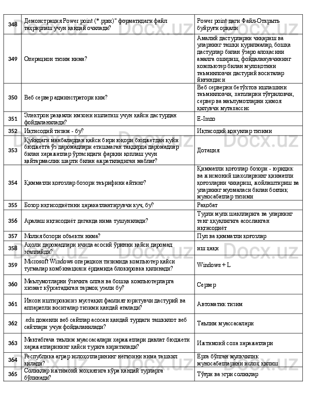 348 Демонстрация Power point (*.ppsx)" форматидаги файл 
таҳрирлаш учун қандай очилади? Power point даги Файл-Открыть 
буйруғи орқали
349
Операцион тизим нима? Амалий дастурларни чиқариш ва 
уларнинг ташқи қурилмалар, бошқа 
дастурлар билан ўзаро алоқасини 
амалга ошириш, фойдаланувчининг 
компьютер билан мулоқотини 
таъминловчи дастурий воситалар 
йиғиндиси
350
Веб сервер админстратори ким? Веб серверни бетўхтов ишлашини 
таъминловчи, хатоларни тўғриловчи, 
сервер ва маълумотларни ҳимоя 
қилувчи мутахассис
351 Электрон рақамли имзони ишлатиш учун қайси дастурдан 
фойдаланилади? E-Imzo
352
Иқтисодий тизим - бу? Иқтисодий қонунлар тизими
353 Қуйидаги манбалардан қайси бири юқори бюджетдан қуйи 
бюджетга ўз даромадлари етишмаган тақдирда даромадлар 
билан харажатлар ўртасидаги фарқни қоплаш учун 
қайтармаслик шарти билан ажратиладиган маблағ? Дотация
354
Қимматли қоғозлар бозори таърифини айтинг? Қимматли қоғозлар бозори - юридик 
ва жисмоний шахсларнинг қииматли 
қоғозларни чиқариш, жойлаштириш ва
уларнинг муомаласи билан боғлиқ 
муносабатлар тизими
355
Бозор иқтисодиётини ҳаракатлантирувчи куч, бу? Рақобат
356
Аралаш иқтисодиёт деганда нима тушунилади? Турли мулк шаклларига ва уларнинг 
тенг ҳқуқлигига асосланган 
иқтисодиёт
357
Молия бозори объекти нима? Пул ва қимматли қоғозлар
358 Аҳоли даромадлари ичида асосий ўринни қайси даромад 
эгаллайди? иш ҳақи
359 Microsoft Windows операцион тизимида компьютер қайси 
тугмалар комбинацияси ёрдамида блокировка қилинади? Windows + L
360 Маълумотларни ўзичига олган ва бошқа компьютерларга 
хизмат кўрсатадиган тармоқ узели бу? Сервер
361 Инсон иштирокисиз мустақил фаолият юритувчи дастурий ва 
аппаратли воситалар тизими қандай аталади? Автоматик тизим
362 .edu доменли веб сайтлар асосан қандай турдаги ташкилот веб 
сайтлари учун фойдаланилади? Таълим муассасалари
363 Мактабгача таълим муассасалари харажатлари давлат бюджети 
харажатларининг қайси турига киритилади? Ижтимоий соха харажатлари
364 Республика аграр ислоҳотларининг негизини нима ташкил 
қилади? Ерга бўлган мулкчилик 
муносабатларини ислоҳ қилиш
365 Солиқлар ижтимоий моҳиятига кўра қандай турларга 
бўлинади? Тўғри ва эгри солиқлар 