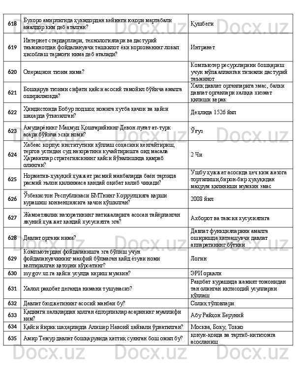 618 Бухоро амирлигида ҳукмдордан кейинги юқори мартабали 
амалдор ким деб аталган? Қушбеги
619 Интернет стардартлари, технологиялари ва дастурий 
таъминотдан фойдаланувчи ташкилот ёки корхонанинг локал 
ҳисоблаш тармоғи нима деб аталади? Интранет
620
Операцион тизим нима? Компьютер ресурсларини бошқариш 
учун мўлжалланган тизимли дастурий 
таъминот
621 Бошқарув тизими сифати қайси асосий тамойил бўйича амалга 
оширилмоқда? Халқ давлат органларига эмас, балки 
давлат органлари халққа хизмат 
қилиши керак
622 Ҳиндистонда Бобур подшоҳ номига хутба қачон ва қайси 
шаҳарда ўтказилган? Деҳлида 1526 йил
623 Амударёнинг Маҳмуд Қошғарийнинг Девон луғат ат-турк 
асари бўйича эски номи? Ўғуз
624 Хабеас корпус институтини қўллаш соҳасини кенгайтириш, 
тергов устидан суд назоратини кучайтиришга оид масала 
Ҳаракатлар стратегиясининг қайси йўналишида қамраб 
олинган? 2 Чи
625 Норматив-ҳуқуқий ҳужжат расмий манбаларда баён тарзида 
расмий эълон қилинмаса қандай оқибат келиб чиқади? Ушбу ҳужжат асосида ҳеч ким жазога 
тортилиши,бирон-бир ҳуқуқидан 
маҳрум қилиниши мумкин эмас
626 Ўзбекистон Республикаси БМТнинг Коррупцияга қарши 
курашиш конвенциясига қачон қўшилган? 2008 йил
627 Жамоатяилик назоратининг натижаларига асосан тайёрланган 
якуний ҳужжат қандай хусусиятга эга? Ахборот ва тавсия хусусиятига
628
Давлат органи нима? Давлат функцияларини амалга 
оширишда қатнашувчи давлат 
аппаратининг бўғини
629 Компьютердан фойдаланишга эга бўлиш учун 
фойдаланувчининг махфий бўлмаган қайд ёзуви номи 
келтирилган қаторни кўрсатинг? Логин
630
my.gov.uz га қайси усулда кириш мумкин? ЭРИ орқали
631
Халол рақобат деганда нимани тушунасиз? Рақобат курашида жамият томонидан 
тан олинган иқтисодий усулларни 
қўллаш
632
Давлат бюджетининг асосий манбаи бу? Солиқ тўловлари
633 Қадимги халқлардан қолган ёдгорликлар асарининг муаллифи 
ким? Абу Райҳон Беруний
634
Қайси йирик шаҳарларда Алишер Навоий ҳайкали ўрнатилган? Москва, Боку, Токио
635
Амир Темур давлат бошқарувида қаттиқ суянган бош омил бу? қонун-қоида ва тартиб-интизомга 
асосланиш 