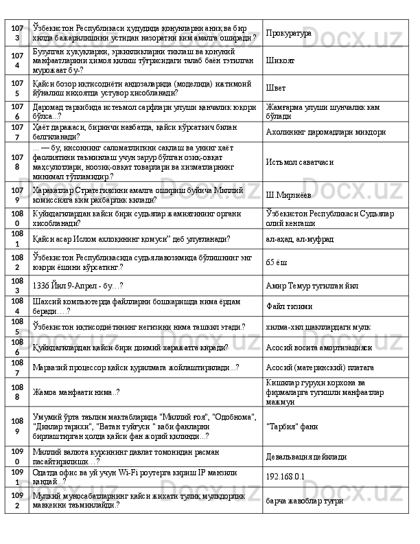 107
3 Ўзбекистон Республикаси ҳудудида қонунларни аниқ ва бир 
хилда бажарилишини устидан назоратни ким амалга оширади ? Прокуратура
107
4 Бузулган ҳуқуқларни, эркинликларни тиклаш ва қонуний 
манфаатларини ҳимоя қилиш тўғрисидаги талаб баён тэтилган  
мурожаат бу-? Шикоят
107
5 Қайси бозор иқтисодиёти андозаларида (моделида) ижтимоий 
йўналиш ниҳоятда устувор ҳисобланади? Швет
107
6 Даромад таркибида истеъмол сарфлари улуши қанчалик юқори 
бўлса...? Жамғарма улуши шунчалик кам 
бўлади
107
7 Ҳаёт даражаси, биринчи навбатда, қайси кўрсаткич билан 
белгиланади? Ахолининг даромадлари миқдори
107
8 ... — бу, инсоннинг саломатлигини сақлаш ва унинг ҳаёт 
фаолиятини таъминлаш учун зарур бўлган озиқ-овқат 
маҳсулотлари, ноозиқ-овқат товарлари ва хизматларнинг 
минимал тўпламидир.? Истъмол саватчаси
107
9 Харакатлар Стратегиясини амалга ошириш буйича Миллий 
комиссияга ким рахбарлик килади? Ш.Мирзиёев
108
0 Куйидагилардан кайси бири судьялар жамиятининг органи 
хисобланади? Ўзбекистон Республикаси Судьялар 
олий кенгаши
108
1 Қайси асар Ислом ахлоқининг қомуси” деб улуғланади? ал-аҳад, ал-муфрад
108
2 Ўзбекистон Республикасида судья лавозимида бўлишнинг энг 
юқори ёшини кўрсатинг.? 65 ёш
108
3 1336 Йил 9-Апрел - бу…? Амир Темур тугилган йил
108
4 Шахсий компъютерда файлларни бошкаришда нима ёрдам 
беради….? Файл тизими
108
5 Ўзбекистон иқтисодиётининг негизини нима ташкил этади.? хилма-хил шакллардаги мулк
108
6 Қуйидагилардан қайси бири доимий харажатга киради? Асосий восита амортизацияси
108
7 Марказий процессор қайси қурилмага жойлаштирилади...? Асосий (материнский) платага
108
8 Жамоа манфаати нима..? Кишилар гуруҳи корхона ва 
фирмаларга тугишли манфаатлар 
мажмуи
108
9 Умумий ўрта таълим мактабларида "Миллий ғоя", "Одобнома", 
"Динлар тарихи", "Ватан туйғуси " каби фанларни 
бирлаштирган ҳолда қайси фан жорий қилинди...? "Тарбия" фани 
109
0 Миллий валюта курсининг давлат томонидан расман 
пасайтирилиши…? Девалъвация дейилади
109
1 Одатда офис ва уй учун Wi-Fi роутерга кириш IP манзили 
қандай...? 192.168.0.1
109
2 Мулкий муносабатларнинг қайси жихати тулиқ мулкдорлик 
мавқеини таъминлайди.? барча жавоблар туғри 