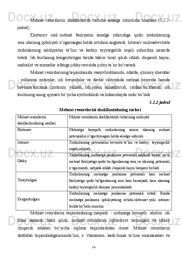 Mehnat   resurslarini   shakllantirish   turlicha   amalga   oshirilishi   mumkin   (1,2.2-
jadval).
Ekstensiv     usul   mehnat     faoliyatini     amalga     oshirishga     qodir     xodimlarning
soni ularning qobiliyati o‘zgarmagan holda ortishini anglatadi. Intensiv usulesabevosita
xodimlarning   salohiyatini   ta’lim   va   kasbiy   tayyorgarlik   orqali   oshirishni   nazarda
tutadi.   Ish   kuchining   kengaytirilgan   tarzda   takror   hosil   qilish   ishlab   chiqarish   hajmi,
mahsulot va xizmatlar sifatiga jiddiy ravishda ijobiy ta’sir ko‘rsatadi.
Mehnat resurslarining taqsimlanishi vaayriboshlanishi, odatda, ijtimoiy sheriklar
-   yollanma   xodimlar,   ish   beruvchilar   va   davlat   ishtirokida   mehnat   bozorida   hamda
bevosita korxona   (xodimni    yollash,   ish joyini    almashtirish,   ishdan bo‘shatish,    ish
kuchining uning qiymati bo‘yicha ayriboshlash va hokazolarjda sodir bo‘ladi.
1.2.2-jadval
Mehnat resurslarini shakllantishning turlari
Mehnat resurslarini
shakllantirishning usullari Mehnat resurslarini shakllantirish turlarining mohiyati
Ekstensiv Mehnatga     layoqatli     xodimlarning     sonini     ularning     mehnat
potensialini o‘zgartirmagan holda amalga oshirish
Intensiv Xodimlarning   potensialini   bevosita   ta’lim   va   kasbiy     tayyorgarlik
orqali oshirish.
Oddiy Xodimlarning mehnatga jamlanma  potensiali saqlanib turadi, ya’ni
mehnat faoliyatiga qodir bo dganlaming soni va ularning potensiali
o‘zgarmaydi, natijada ishlab chiqarish hajmi barqaror bo'ladi.
Toraytirilgan Xodimlarning     mehnatga     jamlanma     potensiali     ham     mehnat
faoliyatiga   qodir   bo'lganlammg   soni   ham   kamayadi,   ham   ularning
kasbiy tayyorgarlik darajasi yomonlashadi.
Kengaytirilgan Xodimlarning     mehnatga     jamlanma     potensiali     ortadi.     Bunda
mehnatga jamlanma   qobiliyatning   ortishi ekstensiv yoki   intensiv
tarzda bo‘lishi mumkin.
Mehnat  resurslarini  taqsimlashning  maqsadi    - mehnatga layoqatli   aholini   ish
bilan    samarali    band   qilish,     mehnat     resurslarini     iqtisodiyot     tarmoqlari     va    ishlab
chiqarish     sohalari     bo‘yicha     oqilona     taqsimlashdan     iborat.     Mehnat     resurslarini
dastlabki   taqsimlashgaumumta’lim,   o   ‘rtamaxsus,   kasb-hunar   ta’limi   muassasalari   va
14 