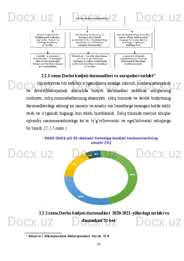 322.2.1-rasm   Davlat   budjeti   daromadlari   va   xarajatlari   tarkibi 11
Iqtisodiyotda tub tarkibiy o’zgarishlarni amalga oshirish, modernizatsiyalash
va   diversifikatsiyalash   sharoitida   budjeti   daromadlari   tarkibida   soliqlarning
mohiyati,  soliq  munosabatlarining  ahamiyati,  soliq   tizimida   va  davlat   budjetining
daromadlaridagi salmog’ini nazariy va amaliy ma’lumotlarga tayangan holda tahlil
etish  va o’rganish  bugungi  kun  talabi  hisoblanadi.  Soliq tizimida  mavjud soliqlar
iqtisodiy   mazmunmohiyatiga   ko’ra   to’g’ri(bevosita)   va   egri(bilvosita)   soliqlarga
bo’linadi.  (2.2.2-rasm.)
2.2.2.rasm.Davlat budjeti daromadlari  2020-2021-yillardagi tarkibi va
dinamikasi 1
32-bet
1
  11
  Bakiyeva   I.   Mikroiqtisodiyot-Makroiqtisodiyot.   Darslik. 2018. 