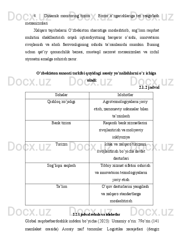 4.   ㅤ Dinamik   monitoring   tizimi: ㅤ   Bozor   o’zgarishlariga   tez   reagirlash
mexanizmlari
Xalqaro   tajribalarni   O’zbekiston   sharoitiga   moslashtirib,   sog’lom   raqobat
muhitini   shakllantirish   orqali   iqtisodiyotning   barqaror   o’sishi,   innovatsion
rivojlanish   va   aholi   farovonligining   oshishi   ta’minlanishi   mumkin.   Buning
uchun   qat’iy   qonunchilik   bazasi,   mustaqil   nazorat   mexanizmlari   va   izchil
siyosatni amalga oshirish zarur.
O’zbekiston sanoati tarkibi quyidagi asosiy yo’nalishlarni o’z ichiga
oladi:
2.1. 2  jadval
Sohalar Islohotlar
Qishloq xo’jaligi Agrotexnologiyalarni joriy
etish, zamonaviy uskunalar bilan
ta’minlash
Bank tizimi Raqamli bank xizmatlarini
rivojlantirish va moliyaviy
inklyuziya
Turizm Ichki va xalqaro turizmni
rivojlantirish bo’yicha davlat
dasturlari
Sog’liqni saqlash Tibbiy xizmat sifatini oshirish
va innovatsion texnologiyalarni
joriy etish
Ta’lim O’quv dasturlarini yangilash
va xalqaro standartlarga
moslashtirish
2.2.1 jadval sohala va islohotlar
Global raqobatbardoshlik indeksi bo’yicha (2023):   Umumiy o’rin: 79o’rin (141
mamlakat   orasida)   Asosiy   zaif   tomonlar:   Logistika   xarajatlari   (dengiz 