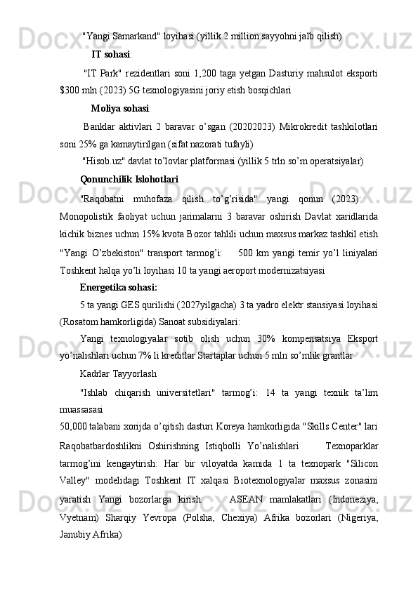  "Yangi Samarkand" loyihasi (yillik 2 million sayyohni jalb qilish)
ㅤ IT sohasi :  
  "IT   Park"   rezidentlari   soni   1,200   taga   yetgan   Dasturiy   mahsulot   eksporti
$300 mln (2023) 5G texnologiyasini joriy etish bosqichlari
ㅤ Moliya sohasi : ㅤ
  Banklar   aktivlari   2   baravar   o’sgan   (20202023)   Mikrokredit   tashkilotlari
soni 25% ga kamaytirilgan (sifat nazorati tufayli)
 "Hisob.uz" davlat to’lovlar platformasi (yillik 5 trln so’m operatsiyalar)
Qonunchilik Islohotlari ㅤ
"Raqobatni   muhofaza   qilish   to’g’risida"   yangi   qonun   (2023): ㅤ
Monopolistik   faoliyat   uchun   jarimalarni   3   baravar   oshirish   Davlat   xaridlarida
kichik biznes uchun 15% kvota Bozor tahlili uchun maxsus markaz tashkil etish
"Yangi   O’zbekiston"   transport   tarmog’i: ㅤ 500   km   yangi   temir   yo’l   liniyalari
Toshkent halqa yo’li loyihasi 10 ta yangi aeroport modernizatsiyasi
Energetika sohasi:
5 ta yangi GES qurilishi (2027yilgacha) 3 ta yadro elektr stansiyasi loyihasi
(Rosatom hamkorligida) Sanoat subsidiyalari:
Yangi   texnologiyalar   sotib   olish   uchun   30%   kompensatsiya   Eksport
yo’nalishlari uchun 7% li kreditlar Startaplar uchun 5 mln so’mlik grantlar
Kadrlar Tayyorlash ㅤ
"Ishlab   chiqarish   universitetlari"   tarmog’i:   14   ta   yangi   texnik   ta’lim
muassasasi
50,000 talabani xorijda o’qitish dasturi Koreya hamkorligida "Skills Center" lari
Raqobatbardoshlikni   Oshirishning   Istiqbolli   Yo’nalishlari ㅤ   Texnoparklar
tarmog’ini   kengaytirish:   Har   bir   viloyatda   kamida   1   ta   texnopark   "Silicon
Valley"   modelidagi   Toshkent   IT   xalqasi   Biotexnologiyalar   maxsus   zonasini
yaratish   Yangi   bozorlarga   kirish: ㅤ   ASEAN   mamlakatlari   (Indoneziya,
Vyetnam)   Sharqiy   Yevropa   (Polsha,   Chexiya)   Afrika   bozorlari   (Nigeriya,
Janubiy Afrika) 