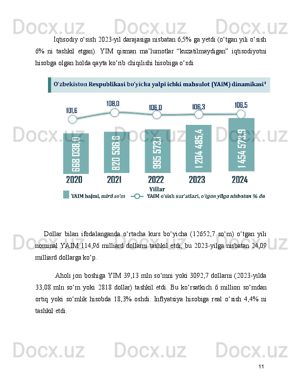 Iqtisodiy o‘sish 2023-yil darajasiga nisbatan 6,5% ga yetdi (o‘tgan yili o‘sish
6%   ni   tashkil   etgan ).   YIM   qisman   ma’lumotlar   “kuzatilmaydigan”   iqtisodiyotni
hisobga olgan holda  qayta ko‘rib chiqilishi  hisobiga o‘sdi.
Dollar   bilan   ifodalanganda   o‘rtacha   kurs   bo‘yicha   (12652,7   so‘m)   o‘tgan   yili
nominal YAIM 114,96 milliard dollarni tashkil  etdi, bu   2023-yilga   nisbatan 24,09
milliard dollarga ko‘p.
         Aholi jon boshiga YIM 39,13 mln so‘mni yoki 3092,7 dollarni (2023-yilda
33,08   mln   so‘m   yoki   2818   dollar)   tashkil   etdi.   Bu   ko‘rsatkich   6   million   so‘mdan
ortiq   yoki   so‘mlik   hisobda   18,3%   oshdi.   Inflyatsiya   hisobiga   real   o‘sish   4,4%   ni
tashkil etdi.
11