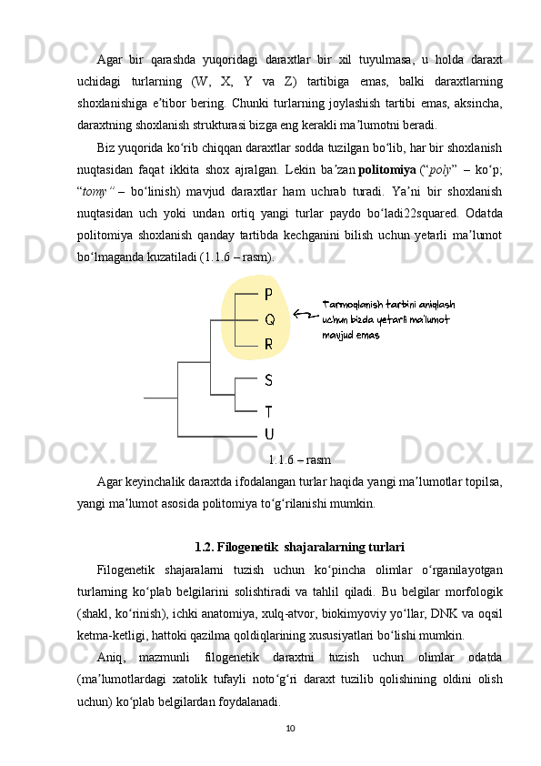 Agar   bir   qarashda   yuqoridagi   daraxtlar   bir   xil   tuyulmasa ,   u   holda   daraxt
uchidagi   turlarning   ( W ,   X ,   Y   va   Z )   tartibiga   emas ,   balki   daraxtlarning
shoxlanishiga   e ʼ tibor   bering .   Chunki   turlarning   joylashish   tartibi   emas,   aksincha,
daraxtning shoxlanish strukturasi bizga eng kerakli ma lumotni beradi.ʼ
Biz yuqorida ko rib chiqqan daraxtlar sodda tuzilgan bo lib, har bir shoxlanish	
ʻ ʻ
nuqtasidan   faqat   ikkita   shox   ajralgan.   Lekin   ba zan	
ʼ   politomiya   (“ poly ”   –   ko p;	ʻ
“ tomy”   –   bo linish)   mavjud   daraxtlar   ham   uchrab   turadi.   Ya ni   bir   shoxlanish	
ʻ ʼ
nuqtasidan   uch   yoki   undan   ortiq   yangi   turlar   paydo   bo ladi	
ʻ 2 2 squared .   Odatda
politomiya   shoxlanish   qanday   tartibda   kechganini   bilish   uchun   yetarli   ma lumot	
ʼ
bo lmaganda kuzatiladi (1.1.6 – rasm).	
ʻ
1.1.6 –  rasm
Agar   keyinchalik   daraxtda   ifodalangan   turlar   haqida   yangi   ma ʼ lumotlar   topilsa ,
yangi   ma ʼ lumot   asosida   politomiya   to ʻ g ʻ rilanishi   mumkin .
1.2.   Filogenetik    shajaralarning   turlari
Filogenetik   shajaralarni   tuzish   uchun   ko ʻ pincha   olimlar   o ʻ rganilayotgan
turlarning   ko ʻ plab   belgilarini   solishtiradi   va   tahlil   qiladi .   Bu   belgilar   morfologik
( shakl ,  ko ʻ rinish ),  ichki   anatomiya ,  xulq - atvor ,  biokimyoviy   yo ʻ llar ,  DNK   va   oqsil
ketma - ketligi ,  hattoki   qazilma   qoldiqlarining   xususiyatlari   bo ʻ lishi   mumkin .
Aniq ,   mazmunli   filogenetik   daraxtni   tuzish   uchun   olimlar   odatda
( ma ʼ lumotlardagi   xatolik   tufayli   noto ʻ g ʻ ri   daraxt   tuzilib   qolishining   oldini   olish
uchun )  ko ʻ plab   belgilardan   foydalanadi . 
10 