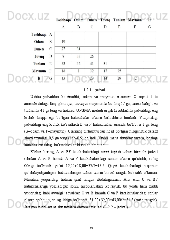 1.2.1 –  jadval
Ushbu   jadvaldan   ko’rinadiki,   odam   va   maymun   sitoxrom   C   oqsili   1   ta
aminokislotaga farq qilmoqda, tovuq va maymunda bu farq 17 ga, tunets balig’i va
tunlamda 41 ga teng va hokazo. UPGMA metodi orqali hisoblashda jadvaldagi eng
kichik   farqqa   ega   bo’lgan   katakchalar   o’zaro   birlashtirib   boriladi.   Yuqoridagi
jadvaldagi  eng kichik ko’rsatkich  B va  F katakchalari  orasida  bo’lib, u 1 ga  teng
(B=odam va F=maymun).   Ularning birlashuvidan hosil bo’lgan filogenetik daraxt
shoxi uzunligi 0,5 ga teng (1/2=0,5) bo’ladi. Xuddi mana shunday tarzda, boshqa
kataklar orasidagi ko’rsatkichlar hisoblab chiqiladi.
E’tibor   bering,   A   va   BF   katakchalaridagi   sonni   topish   uchun   birinchi   jadval
ichidan   A   va   B   hamda   A   va   F   katakchalaridagi   sonlar   o’zaro   qo’shilib,   so’ng
ikkiga   bo’linadi,   ya’ni   19,00+18,00=37/2=18,5.   Qaysi   katakchadagi   raqamlar
qo’shilayotganligini  tushunishingiz uchun ularni bir xil  rangda ko’rsatib o’taman.
Masalan,   yuqoridagi   holatni   qizil   rangda   ifodalaganman.   Ana   endi   C   va   BF
katakchalariga   yoziladigan   sonni   hisoblanishini   ko’raylik,   bu   yerda   ham   xuddi
yuqoridagi   kabi   avvalgi   jadvaldan   C   va   B  hamda   C   va   F  katakchalaridagi   sonlar
o’zaro qo’shilib, so’ng ikkiga bo’linadi: 31,00+32,00=63,00/2=31,5 (sariq rangda).
Jarayon xuddi mana shu taxlitda davom ettiriladi (1.2.2 – jadval).
13 