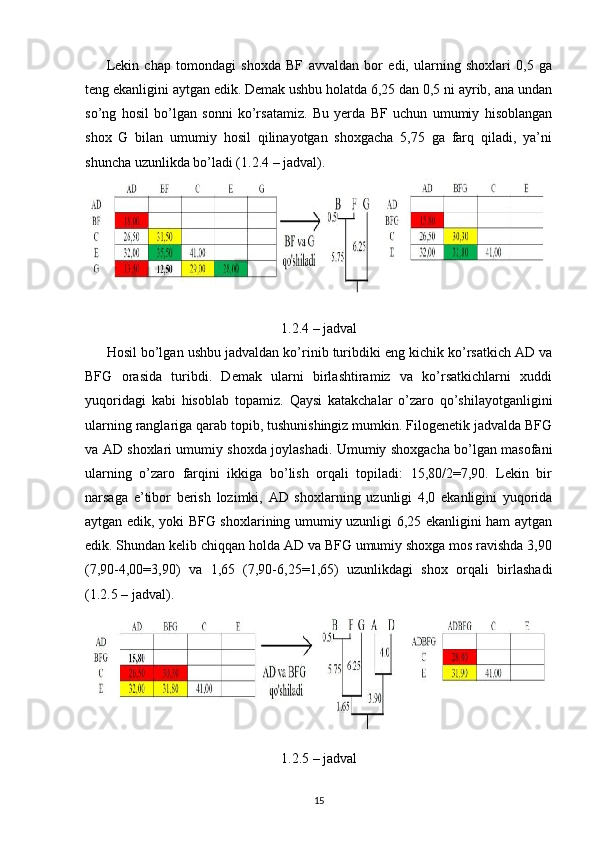 Lekin   chap   tomondagi   shoxda   BF   avvaldan   bor   edi,   ularning   shoxlari   0,5   ga
teng ekanligini aytgan edik. Demak ushbu holatda 6,25 dan 0,5 ni ayrib, ana undan
so’ng   hosil   bo’lgan   sonni   ko’rsatamiz.   Bu   yerda   BF   uchun   umumiy   hisoblangan
shox   G   bilan   umumiy   hosil   qilinayotgan   shoxgacha   5,75   ga   farq   qiladi,   ya’ni
shuncha uzunlikda bo’ladi (1.2.4 – jadval ).
1.2.4 –  jadval
Hosil bo’lgan ushbu jadvaldan ko’rinib turibdiki eng kichik ko’rsatkich AD va
BFG   orasida   turibdi.   Demak   ularni   birlashtiramiz   va   ko’rsatkichlarni   xuddi
yuqoridagi   kabi   hisoblab   topamiz.   Qaysi   katakchalar   o’zaro   qo’shilayotganligini
ularning ranglariga qarab topib, tushunishingiz mumkin. Filogenetik jadvalda BFG
va AD shoxlari umumiy shoxda joylashadi. Umumiy shoxgacha bo’lgan masofani
ularning   o’zaro   farqini   ikkiga   bo’lish   orqali   topiladi:   15,80/2=7,90.   Lekin   bir
narsaga   e’tibor   berish   lozimki,   AD   shoxlarning   uzunligi   4,0   ekanligini   yuqorida
aytgan edik, yoki BFG shoxlarining umumiy uzunligi 6,25 ekanligini ham aytgan
edik. Shundan kelib chiqqan holda AD va BFG umumiy shoxga mos ravishda 3,90
(7,90-4,00=3,90)   va   1,65   (7,90-6,25=1,65)   uzunlikdagi   shox   orqali   birlashadi
(1.2.5 – jadval).
1.2.5 – jadval
15 