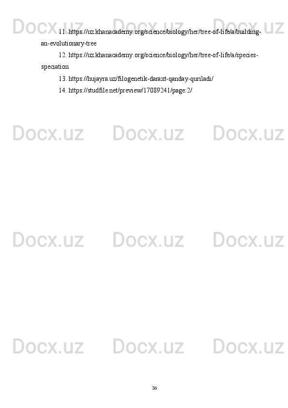 11. https://uz.khanacademy.org/science/biology/her/tree-of-life/a/building-
an-evolutionary-tree
12. https://uz.khanacademy.org/science/biology/her/tree-of-life/a/species-
speciation
13. https://hujayra.uz/filogenetik-daraxt-qanday-quriladi/
14. https://studfile.net/preview/17089241/page:2/
36 