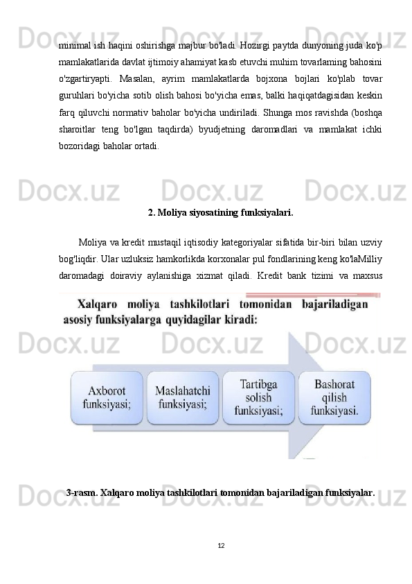 minimal ish haqini oshirishga majbur bo'ladi. Hozirgi paytda dunyoning juda ko'p
mamlakatlarida davlat ijtimoiy ahamiyat kasb etuvchi muhim tovarlaming bahosini
o'zgartiryapti.   Masalan,   ayrim   mamlakatlarda   bojxona   bojlari   ko'plab   tovar
guruhlari bo'yicha sotib olish bahosi bo'yicha emas, balki haqiqatdagisidan keskin
farq  qiluvchi  normativ baholar  bo'yicha  undiriladi. Shunga  mos  ravishda   (boshqa
sharoitlar   teng   bo'lgan   taqdirda)   byudjetning   daromadlari   va   mamlakat   ichki
bozoridagi baholar ortadi.
2. Moliya siyosatining funksiyalari.
Moliya va kredit mustaqil iqtisodiy kategoriyalar sifatida bir-biri bilan uzviy
bog'liqdir. Ular uzluksiz hamkorlikda korxonalar pul fondlarining keng ko'laMilliy
daromadagi   doiraviy   aylanishiga   xizmat   qiladi.   Kredit   bank   tizimi   va   maxsus
3-rasm. Xalqaro moliya tashkilotlari tomonidan bajariladigan funksiyalar.
12 