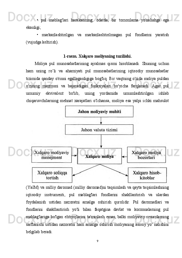 •   pul   mablag'lari   harakatining,   odatda,   bir   tomonlama   yo'nalishga   ega
ekanligi;
•   markazlashtirilgan   va   markazlashtirilmagan   pul   fondlarini   yaratish
(vujudga keltirish).
1-rasm. Xalqaro moliyaning tuzilishi.
Moliya   pul   munosabatlarining   ajralmas   qismi   hisoblanadi.   Shuning   uchun
ham   uning   ro’li   va   ahamiyati   pul   munosabatlarining   iqtisodiy   munosabatlar
tizimida qanday o'rinni egallaganligiga bog'liq. Bir vaqtning o'zida moliya puldan
o'zining   mazmuni   va   bajaradigan   funksiyalari   bo'yicha   farqlanadi.   Agar   pul
umumiy   ekvivalent   bo'lib,   uning   yordamida   umumlashtirilgan   ishlab
chiqaruvchilarning   mehnat   xarajatlari   o'lchansa,   moliya   esa   yalpi   ichki   mahsulot
(YaIM) va milliy daromad (milliy daromad)ni taqsimlash va qayta taqsimlashning
iqtisodiy   instrumenti,   pul   mablag'lari   fondlarini   shakllantirish   va   ulardan
foydalanish   ustidan   nazoratni   amalga   oshirish   qurolidir.   Pul   daromadlari   va
fondlarini   shakllantirish   yo'li   bilan   faqatgina   davlat   va   korxonalarning   pul
mablag'lariga   bo'lgan   ehtiyojlarini   ta'minlash   emas,   balki   moliyaviy   resurslarning
sarflanishi  ustidan  nazoratni  ham  amalga oshirish moliyaning asosiy  yo' nalishini
belgilab beradi.
9 