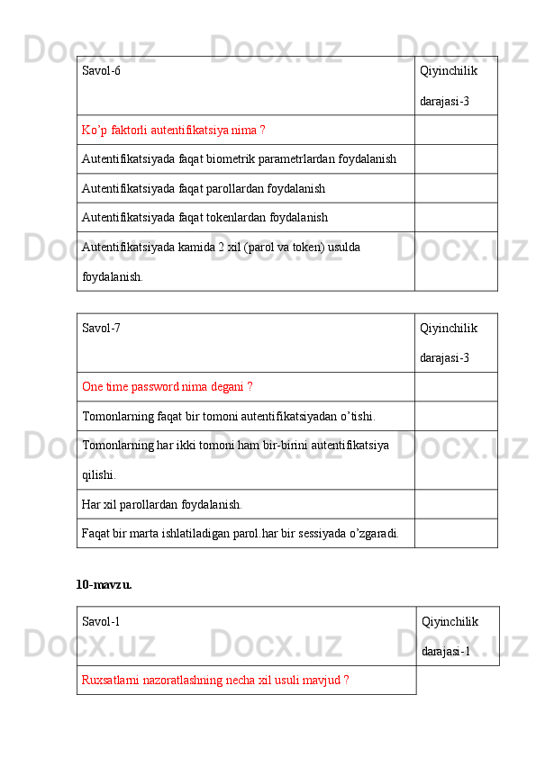 Savol-6 Qiyinchilik 
darajasi-3
Ko’p faktorli autentifikatsiya nima ?
Autentifikatsiyada faqat biometrik parametrlardan foydalanish
Autentifikatsiyada faqat parollardan foydalanish 
Autentifikatsiyada faqat tokenlardan foydalanish
Autentifikatsiyada kamida 2 xil (parol va token) usulda 
foydalanish.  
Savol-7 Qiyinchilik 
darajasi-3
One time password nima degani ?
Tomonlarning faqat bir tomoni autentifikatsiyadan o’tishi.
Tomonlarning har ikki tomoni ham bir-birini autentifikatsiya 
qilishi.
Har xil parollardan foydalanish.
Faqat bir marta ishlatiladigan parol.har bir sessiyada o’zgaradi.
10-mavzu.
Savol-1 Qiyinchilik 
darajasi-1
Ruxsatlarni nazoratlashning necha xil usuli mavjud ? 