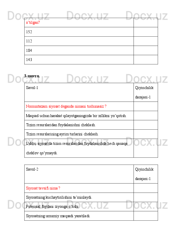 o’tilgan?
152
112
184
143
3-mavzu.
Savol-1 Qiyinchilik 
darajasi-1
Nomuntazam siyosat deganda nimani tushunasiz ?
Maqsad uchun harakat qilayotganingizda bir xillikni yo’qotish.
Tizim resurslaridan foydalanishni cheklash.
Tizim resurslarining ayrim turlarini cheklash.
Ushbu siyosatda tizim resurslaridan foydalanishda hech qanaqa 
cheklov qo’ymaydi.
Savol-2 Qiyinchilik 
darajasi-1
Siyosat tavsifi nima ?
Siyosatning kuchaytirilishini ta’minlaydi.
Potensial foydani ziyonga o’tishi.
Siyosatning umumiy maqsadi yaratiladi. 
