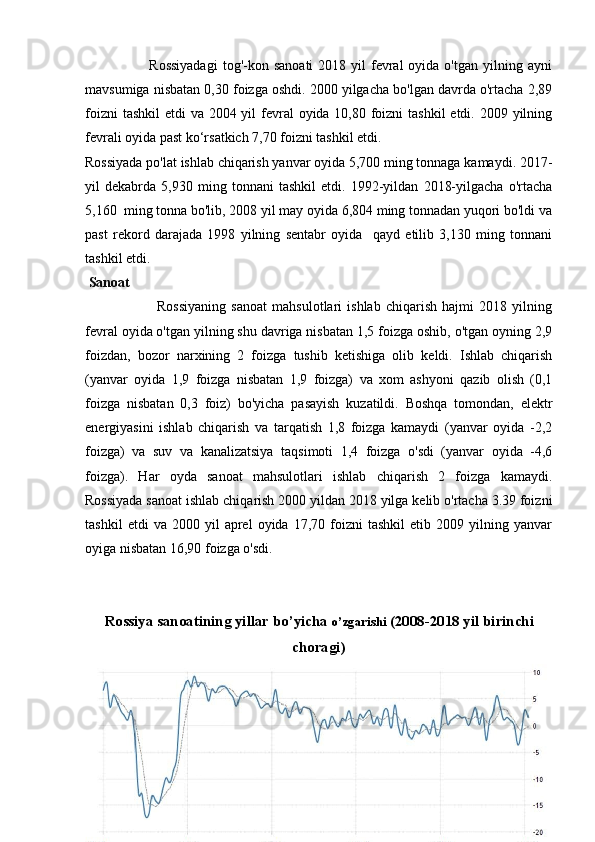                          Rossiyadagi  tog'-kon  sanoati   2018 yil   fevral   oyida  o'tgan  yilning ayni
mavsumiga nisbatan 0,30 foizga oshdi. 2000 yilgacha bo'lgan davrda o'rtacha 2,89
foizni  tashkil  etdi va 2004 yil  fevral  oyida 10,80 foizni  tashkil  etdi. 2009 yilning
fevrali oyida past ko‘rsatkich 7,70 foizni tashkil etdi. 
Rossiyada po'lat ishlab chiqarish yanvar oyida 5,700 ming tonnaga kamaydi. 2017-
yil   dekabrda   5,930   ming   tonnani   tashkil   etdi.   1992-yildan   2018-yilgacha   o'rtacha
5,160  ming tonna bo'lib, 2008 yil may oyida 6,804 ming tonnadan yuqori bo'ldi va
past   rekord   darajada   1998   yilning   sentabr   oyida     qayd   etilib   3,130   ming   tonnani
tashkil etdi. 
  Sanoat 
                            Rossiyaning   sanoat   mahsulotlari   ishlab   chiqarish   hajmi   2018   yilning
fevral oyida o'tgan yilning shu davriga nisbatan 1,5 foizga oshib, o'tgan oyning 2,9
foizdan,   bozor   narxining   2   foizga   tushib   ketishiga   olib   keldi.   Ishlab   chiqarish
(yanvar   oyida   1,9   foizga   nisbatan   1,9   foizga)   va   xom   ashyoni   qazib   olish   (0,1
foizga   nisbatan   0,3   foiz)   bo'yicha   pasayish   kuzatildi.   Boshqa   tomondan,   elektr
energiyasini   ishlab   chiqarish   va   tarqatish   1,8   foizga   kamaydi   (yanvar   oyida   -2,2
foizga)   va   suv   va   kanalizatsiya   taqsimoti   1,4   foizga   o'sdi   (yanvar   oyida   -4,6
foizga).   Har   oyda   sanoat   mahsulotlari   ishlab   chiqarish   2   foizga   kamaydi.
Rossiyada sanoat ishlab chiqarish 2000 yildan 2018 yilga kelib o'rtacha 3.39 foizni
tashkil   etdi   va   2000  yil   aprel   oyida   17,70  foizni   tashkil   etib   2009  yilning  yanvar
oyiga nisbatan 16,90 foizga o'sdi. 
Rossiya sanoatining yillar bo’yicha  o’zgarishi  (2008-2018 yil birinchi
choragi)
35 