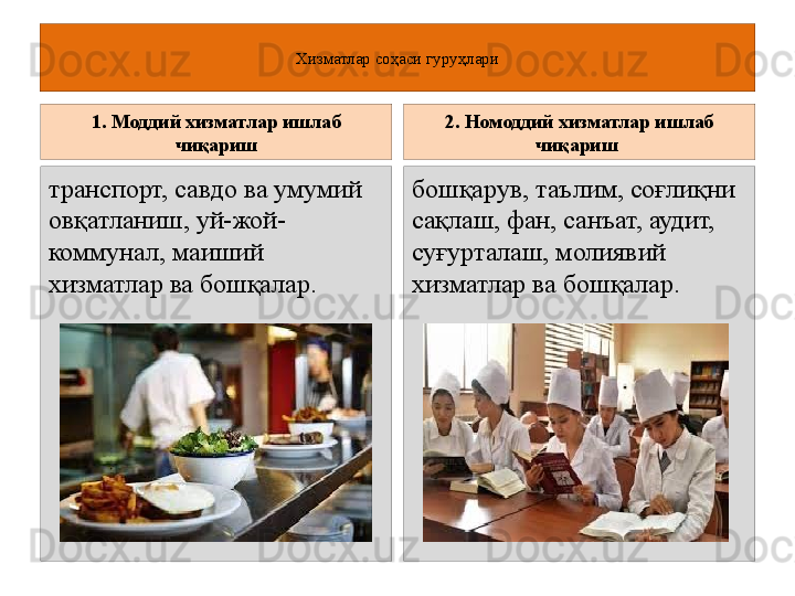 Хизматлар соҳаси гуруҳлари
1. Моддий хизматлар ишлаб 
чиқариш
транспорт, савдо ва умумий 
овқатланиш, уй-жой-
коммунал, маиший 
хизматлар ва бошқалар.  2. Номоддий хизматлар ишлаб 
чиқариш 
бошқарув, таълим, соғлиқни 
сақлаш, фан, санъат, аудит, 
суғурталаш, молиявий 
хизматлар ва бошқалар.