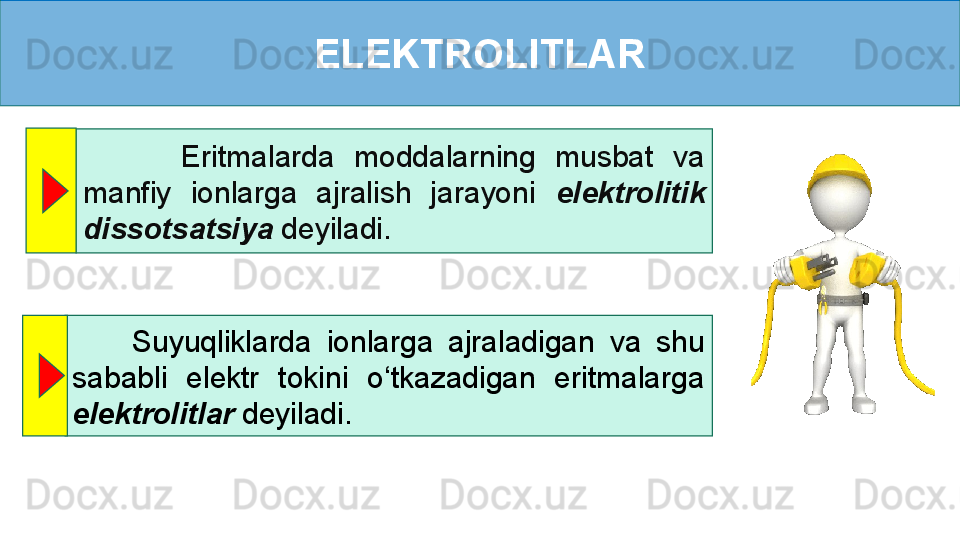 ELEKTROLITLAR
          Eritmalarda  moddalarning  musbat  va 
manfiy  ionlarga  ajralish  jarayoni  elektrolitik 
dissotsatsiya  deyiladi.
        Suyuqliklarda  ionlarga  ajraladigan  va  shu 
sababli  elektr  tokini  o‘tkazadigan  eritmalarga 
elektrolitlar  deyiladi.  