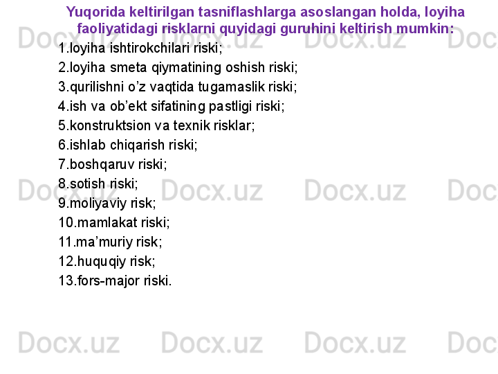 Yuqorida keltirilgan tasniflashlarga asoslangan holda, loyiha 
faoliyatidagi risklarni quyidagi guruhini keltirish mumkin:
1. l oyi h a ishtirokchilari riski;
2. l oyi h a smeta  q iymatining oshish riski;
3. q urilishni  o’ z va q tida tugamaslik riski;
4. i sh va ob’ekt sifatining pastligi riski;
5. k onstruktsion va texnik risklar;
6. i shlab chi q arish riski;
7. b osh q aruv riski;
8. s otish riski;
9. m oliyaviy risk;
10. m amlakat riski;
11. m a’muriy risk;
12. h u q u q iy risk;
13. f ors-major riski.