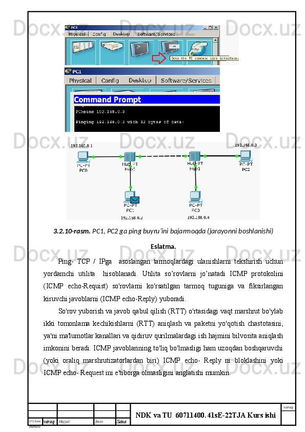 O’lcha m
mm m varaq Hujjat: Imzo
Sana  varaq
NDK va TU  60711400 .   41sE -2 2 TJA  Kurs ishi3.2.10-rasm.   PC1, PC2 ga ping buyru’ini bajarmoqda (jarayonni boshlanishi)
Eslatma.
Ping-   TCP   /   IPga     asoslangan   tarmoqlardagi   ulanishlarni   tekshirish   uchun
yordamchi   utilita     hisoblanadi.   Utilita   so’rovlarni   jo’natadi   ICMP   protokolini
(ICMP   echo-Requist)   so'rovlarni   ko'rsatilgan   tarmoq   tuguniga   va   fiksirlangan
kiruvchi javoblarni (ICMP echo-Reply) yuboradi.
So'rov yuborish va javob qabul qilish (RTT) o'rtasidagi vaqt marshrut bo'ylab
ikki   tomonlama   kechikishlarni   (RTT)   aniqlash   va   paketni   yo'qotish   chastotasini,
ya'ni ma'lumotlar kanallari va qidiruv qurilmalardagi ish hajmini bilvosita aniqlash
imkonini beradi. ICMP javoblarining to'liq bo'lmasligi ham uzoqdan boshqaruvchi
(yoki   oraliq   marshrutizatorlardan   biri)   ICMP   echo-   Reply   ni   bloklashini   yoki
ICMP echo- Request ini e'tiborga olmasligini anglatishi mumkin.