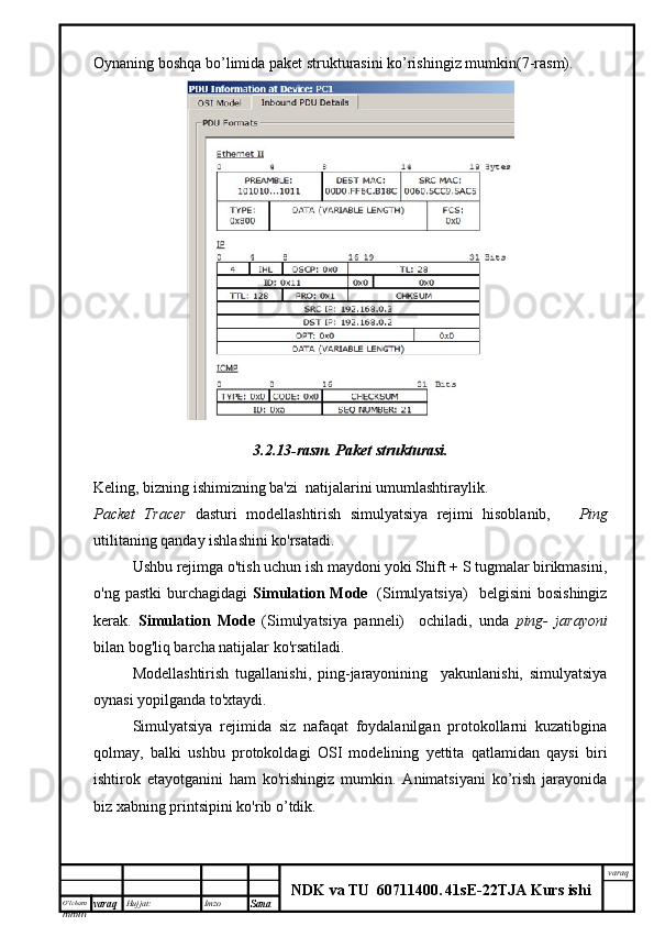 O’lcha m
mm m varaq Hujjat: Imzo
Sana  varaq
NDK va TU  60711400 .   41sE -2 2 TJA  Kurs ishiOynaning boshqa bo’limida paket strukturasini ko’rishingiz mumkin(7-rasm).
3.2.13-rasm.   Paket strukturasi.
Keling, bizning ishimizning ba'zi  natijalarini umumlashtiraylik.
Packet   Tracer   dasturi   modellashtirish   simulyatsiya   rejimi   hisoblanib,       Ping
utilitaning qanday ishlashini ko'rsatadi.
Ushbu rejimga o'tish uchun ish maydoni yoki Shift + S tugmalar birikmasini,
o'ng  pastki   burchagidagi   Simulation  Mode     (Simulyatsiya)    belgisini   bosishingiz
kerak.   Simulation   Mode   (Simulyatsiya   panneli)     ochiladi,   unda   ping-   jarayoni
bilan bog'liq barcha natijalar ko'rsatiladi.
Modellashtirish   tugallanishi,   ping-jarayonining     yakunlanishi,   simulyatsiya
oynasi yopilganda to'xtaydi.
Simulyatsiya   rejimida   siz   nafaqat   foydalanilgan   protokollarni   kuzatibgina
qolmay,   balki   ushbu   protokoldagi   OSI   modelining   yettita   qatlamidan   qaysi   biri
ishtirok   etayotganini   ham   ko'rishingiz   mumkin.   Animatsiyani   ko’rish   jarayonida
biz xabning printsipini ko'rib o’tdik. 