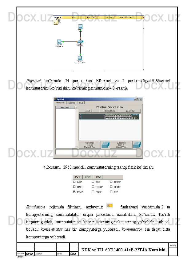 O’lcha m
mm m varaq Hujjat: Imzo
Sana  varaq
NDK va TU  60711400 .   41sE -2 2 TJA  Kurs ishiPhysical   bo’limida   24   portli   Fast   Ethernet   va   2   portli   Gigabit   Ethernet
komutatorini  ko’rinishini ko’rishingiz mumkin(4.2.-rasm). 
  4.2-rasm.    2960 modelli kommutatorning tashqi fizik ko’rinishi
Simulation     rejimida   filtrlarni   sozlaymiz           funksiyasi   yordamida   2   ta
kompyuterning   kommutatator   orqali   paketlarni   uzatilishini   ko’ramiz.   Ko'rib
turganingizdek,   kommutator   va   konsentartorning   paketlarning   yo’nalishi   turli   xil
bo'ladi:   konsentrator   har   bir   kompyuterga   yuboradi,   kommutator   esa   faqat   bitta
kompyuterga yuboradi. 