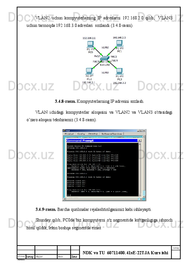 O’lcha m
mm m varaq Hujjat: Imzo
Sana  varaq
NDK va TU  60711400 .   41sE -2 2 TJA  Kurs ishiVLAN2   uchun   kompyuterlarning   IP   adreslarni   192.168.2.0   qilib,     VLAN3
uchun tarmoqda 192.168.3.0 adreslari  sozlandi (3.4.8-rasm).
3.4.8-rasm.   Kompyuterlarning IP adresini sozlash.
VLAN   ichidagi   kompyuterlar   aloqasini   va   VLAN2   va   VLAN3   o'rtasidagi
o’zaro aloqani tekshiramiz (3.4.8-rasm).
3.4.9-rasm.   Barcha qurilmalar rejalashtirilganimiz kabi ishlayapti.
Shunday qilib, PC0da biz kompyuterni o'z segmentida ko'rganligiga ishonch
hosil qildik, lekin boshqa segmentda emas. 