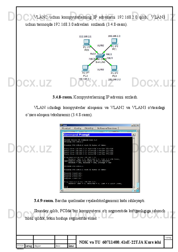 O’lcha m
mm m varaq Hujjat: Imzo
Sana  varaq
NDK va TU  60711400 .   41sE -2 2 TJA  Kurs ishiVLAN2   uchun   kompyuterlarning   IP   adreslarni   192.168.2.0   qilib,     VLAN3
uchun tarmoqda 192.168.3.0 adreslari  sozlandi (3.4.8-rasm).
3.4.8-rasm.   Kompyuterlarning IP adresini sozlash.
VLAN   ichidagi   kompyuterlar   aloqasini   va   VLAN2   va   VLAN3   o'rtasidagi
o’zaro aloqani tekshiramiz (3.4.8-rasm).
3.4.9-rasm.   Barcha qurilmalar rejalashtirilganimiz kabi ishlayapti.
Shunday qilib, PC0da biz kompyuterni o'z segmentida ko'rganligiga ishonch
hosil qildik, lekin boshqa segmentda emas.