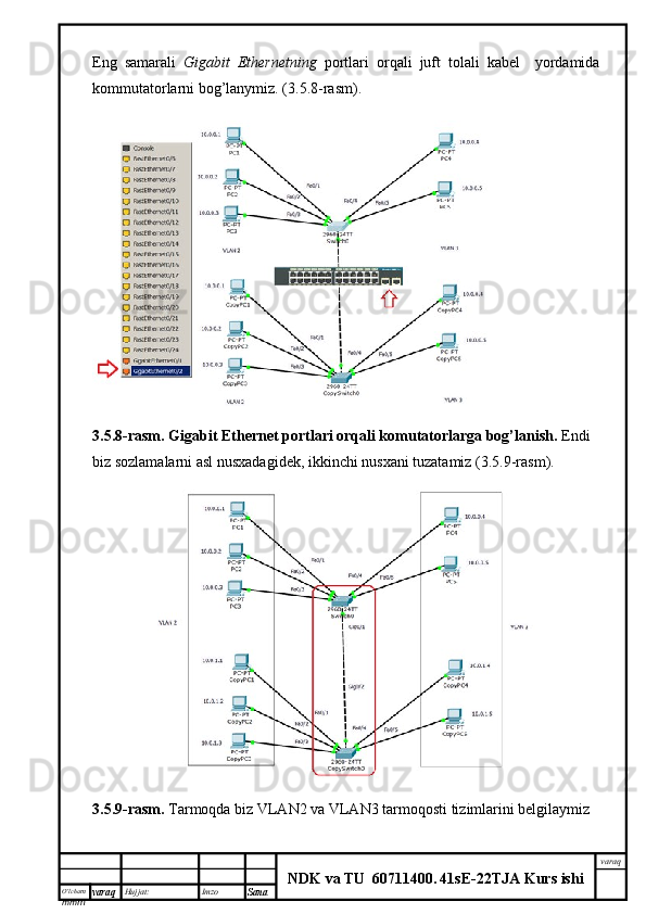 O’lcha m
mm m varaq Hujjat: Imzo
Sana  varaq
NDK va TU  60711400 .   41sE -2 2 TJA  Kurs ishiEng   samarali   Gigabit   Ethernetning   portlari   orqali   juft   tolali   kabel     yordamida
kommutatorlarni bog’lanymiz. (3.5.8-rasm).
3.5.8-rasm.   Gigabit Ethernet portlari orqali komutatorlarga bog’lanish.  Endi 
biz sozlamalarni asl nusxadagidek, ikkinchi nusxani tuzatamiz (3.5.9-rasm).
3.5.9-rasm.  Tarmoqda biz VLAN2 va VLAN3 tarmoqosti tizimlarini belgilaymiz 