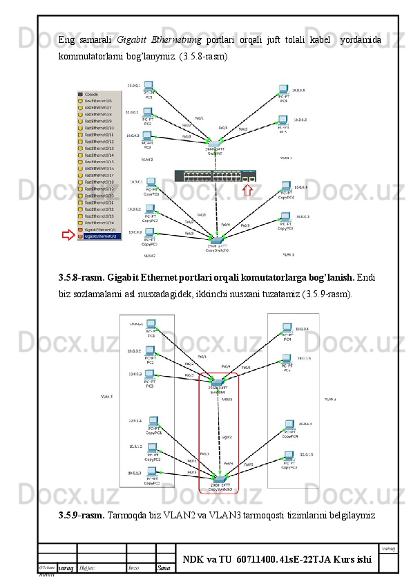 O’lcha m
mm m varaq Hujjat: Imzo
Sana  varaq
NDK va TU  60711400 .   41sE -2 2 TJA  Kurs ishiEng   samarali   Gigabit   Ethernetning   portlari   orqali   juft   tolali   kabel     yordamida
kommutatorlarni bog’lanymiz. (3.5.8-rasm).
3.5.8-rasm.   Gigabit Ethernet portlari orqali komutatorlarga bog’lanish.  Endi 
biz sozlamalarni asl nusxadagidek, ikkinchi nusxani tuzatamiz (3.5.9-rasm).
3.5.9-rasm.  Tarmoqda biz VLAN2 va VLAN3 tarmoqosti tizimlarini belgilaymiz