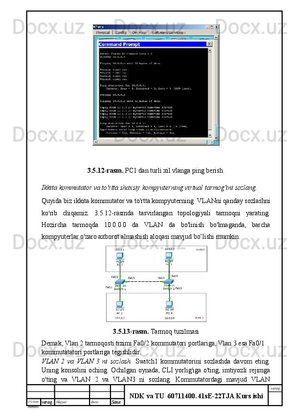 O’lcha m
mm m varaq Hujjat: Imzo
Sana  varaq
NDK va TU  60711400 .   41sE -2 2 TJA  Kurs ishi3.5.12-rasm.   PC1 dan turli xil vlanga ping berish.
Ikkita kommutator va to'rtta shaxsiy kompyuterning virtual tarmog'ini sozlang.
Quyida biz ikkita kommutator va to'rtta kompyuterning  VLANni qanday sozlashni
ko'rib   chiqamiz.   3.5.12-rasmda   tasvirlangan   topologiyali   tarmoqni   yarating.
Hozircha   tarmoqda   10.0.0.0   da   VLAN   da   bo'linish   bo'lmaganda,   barcha
kompyuterlar o'zaro axborot almashish aloqasi mavjud bo’lishi mumkin.
3.5.13- rasm .   Tarmoq   tuzilmasi
Demak ,  Vlan  2  tarmoqosti   tizimi   Fa 0/2  kommutatori   portlariga ,  Vlan  3  esa   Fa 0/1 
kommutatatori   portlariga   tegishlidir . 
VLAN   2   va   VLAN   3   ni   sozlash.   Switch1   kommutatorini   sozlashda   davom   eting.
Uning konsolini oching. Ochilgan oynada, CLI yorlig'iga o'ting, imtiyozli rejimga
o'ting   va   VLAN   2   va   VLAN3   ni   sozlang.   Kommutatordagi   mavjud   VLAN 