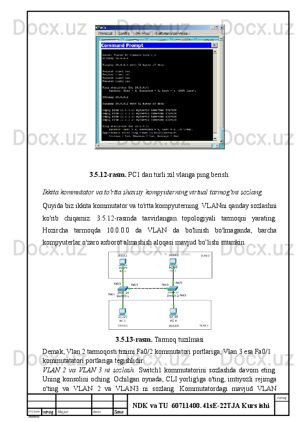 O’lcha m
mm m varaq Hujjat: Imzo
Sana  varaq
NDK va TU  60711400 .   41sE -2 2 TJA  Kurs ishi3.5.12-rasm.   PC1 dan turli xil vlanga ping berish.
Ikkita kommutator va to'rtta shaxsiy kompyuterning virtual tarmog'ini sozlang.
Quyida biz ikkita kommutator va to'rtta kompyuterning  VLANni qanday sozlashni
ko'rib   chiqamiz.   3.5.12-rasmda   tasvirlangan   topologiyali   tarmoqni   yarating.
Hozircha   tarmoqda   10.0.0.0   da   VLAN   da   bo'linish   bo'lmaganda,   barcha
kompyuterlar o'zaro axborot almashish aloqasi mavjud bo’lishi mumkin.
3.5.13- rasm .   Tarmoq   tuzilmasi
Demak ,  Vlan  2  tarmoqosti   tizimi   Fa 0/2  kommutatori   portlariga ,  Vlan  3  esa   Fa 0/1 
kommutatatori   portlariga   tegishlidir . 
VLAN   2   va   VLAN   3   ni   sozlash.   Switch1   kommutatorini   sozlashda   davom   eting.
Uning konsolini oching. Ochilgan oynada, CLI yorlig'iga o'ting, imtiyozli rejimga
o'ting   va   VLAN   2   va   VLAN3   ni   sozlang.   Kommutatordagi   mavjud   VLAN