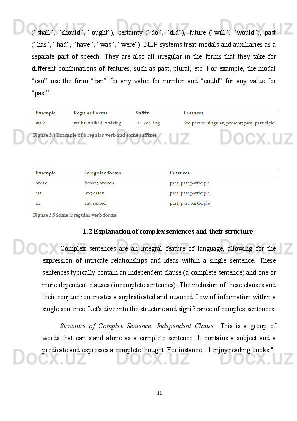 (“shall”,   “should”,   “ought”),   certainty   (“do”,   “did”),   future   (“will”,   “would”),   past
(“has”, “had”, “have”, “was”, “were”). NLP systems treat modals and auxiliaries as a
separate   part   of   speech.   They   are   also   all   irregular   in   the   forms   that   they   take   for
different   combinations   of   features,   such   as   past,   plural,   etc.   For   example,   the   modal
“can”   use   the   form   “can”   for   any   value   for   number   and   “could”   for   any   value   for
“past”.
1.2  Explanation of complex sentences and their structure
Complex   sentences   are   an   integral   feature   of   language,   allowing   for   the
expression   of   intricate   relationships   and   ideas   within   a   single   sentence.   These
sentences typically contain an independent clause (a complete sentence) and one or
more dependent clauses (incomplete sentences). The inclusion of these clauses and
their conjunction creates a sophisticated and nuanced flow of information within a
single sentence. Let's dive into the structure and significance of complex sentences.
Structure   of   Complex   Sentence.   Independent   Clause:   This   is   a   group   of
words   that   can   stand   alone   as   a   complete   sentence.   It   contains   a   subject   and   a
predicate and expresses a complete thought. For instance, "I enjoy reading books."
11 
