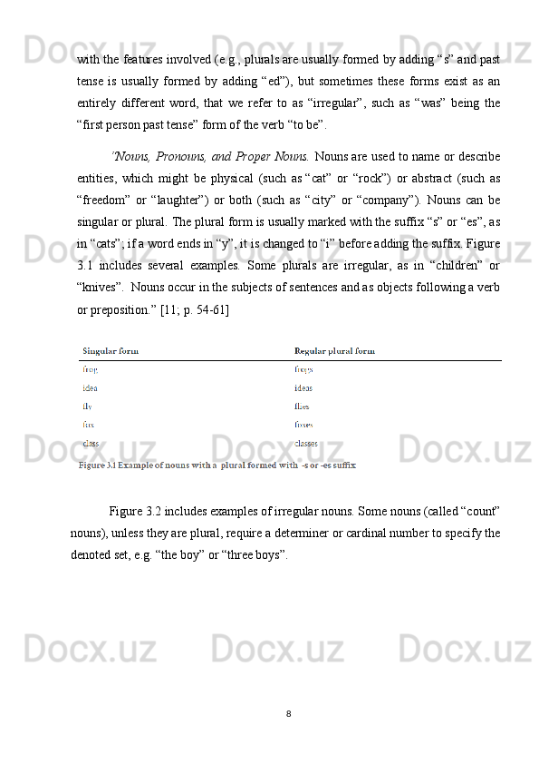 with the features involved (e.g., plurals are usually formed by adding “s” and past
tense   is   usually   formed   by   adding   “ed”),   but   sometimes   these   forms   exist   as   an
entirely   different   word,   that   we   refer   to   as   “irregular”,   such   as   “was”   being   the
“first person past tense” form of the verb “to be”.
“Nouns, Pronouns, and Proper Nouns.   Nouns are used to name or describe
entities,   which   might   be   physical   (such   as   “cat”   or   “rock”)   or   abstract   (such   as
“freedom”   or   “laughter”)   or   both   (such   as   “city”   or   “company”).   Nouns   can   be
singular or plural. The plural form is usually marked with the suffix “s” or “es”, as
in “cats”; if a word ends in “y”, it is changed to “i” before adding the suffix. Figure
3.1   includes   several   examples.   Some   plurals   are   irregular,   as   in   “children”   or
“knives”.    Nouns occur in the subjects of sentences and as objects following a verb
or preposition.”  [11; p. 54-61]
Figure 3.2 includes examples of irregular nouns. Some nouns (called “count”
nouns), unless they are plural, require a determiner or cardinal number to specify the
denoted set, e.g. “the boy” or “three boys”.
8 