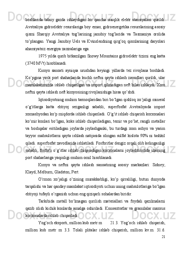boshlarida   tabiiy   gazda   ishlaydigan   bir   qancha   issiqlik   elektr   stansiyalari   qurildi.
Avstraliya gidroelektr resurslariga boy emas; gidroenergetika resurslarining asosiy
qismi   Sharqiy   Avstraliya   tog’larining   janubiy   tog’larida   va   Tasmaniya   orolida
to’plangan.   Yangi   Janubiy   Uels   va   Kvinslendning   qirg’oq   qismlarining   daryolari
ahamiyatsiz energiya zaxiralariga ega.
1975 yilda qurib bitkazilgan Snowy Mountains gidroelektr tizimi eng katta
(3740 MVt) hisoblanadi.
Kimyo   sanoati   ayniqsa   urushdan   keyingi   yillarda   tez   rivojlana   boshladi.
Ko’pgina yirik port shaharlarida kuchli neftni qayta ishlash zavodlari qurildi, ular
mamlakatimizda ishlab chiqarilgan va import qilinadigan neft bilan ishlaydi. Xom
neftni qayta ishlash neft kimyosining rivojlanishiga hissa qo’shdi.
Iqtisodiyotning muhim tarmoqlaridan biri bo lgan qishloq xo jaligi mineralʻ ʻ
o g itlarga   katta   ehtiyoj   sezganligi   sababli,   superfosfat   Avstraliyada   import	
ʻ ʻ
xomashyodan ko p miqdorda ishlab chiqariladi. O g it ishlab chiqarish korxonalari	
ʻ ʻ ʻ
ko mir konlari bo lgan, koks ishlab chiqariladigan, temir va po lat, rangli metallar	
ʻ ʻ ʻ
va   boshqalar   eritiladigan   joylarda   joylashganki,   bu   turdagi   xom   ashyo   va   yarim
tayyor mahsulotlarni qayta ishlash natijasida olingan sulfat kislota 90% ni tashkil
qiladi. superfosfat zavodlarida ishlatiladi. Fosforitlar dengiz orqali olib kelinganligi
sababli, fosforli o’g’itlar ishlab chiqaradigan korxonalarni joylashtirishda ularning
port shaharlariga yaqinligi muhim omil hisoblanadi.
Kimyo   va   neftni   qayta   ishlash   sanoatining   asosiy   markazlari:   Sidney,
Klayd, Melburn, Gladston, Pert.
O’rmon   xo’jaligi   o’zining   murakkabligi,   ko’p   qirraliligi,   butun   dunyoda
tarqalishi va har qanday mamlakat iqtisodiyoti uchun uning mahsulotlariga bo’lgan
ehtiyoji tufayli o’rganish uchun eng qiziqarli sohalardan biridir.
Tarkibida   metall   bo lmagan   qurilish   materiallari   va   foydali   qazilmalarni	
ʻ
qazib olish kichik konlarda amalga oshiriladi. Konsentratlar va granulalar maxsus
korxonalarda ishlab chiqariladi.
Yog’och eksporti, million kub metr m  21.3.   Yog’och   ishlab   chiqarish,
million   kub   metr   m   3.3.   Tolali   plitalar   ishlab   chiqarish,   million   kv.m.   31.6.
21 
