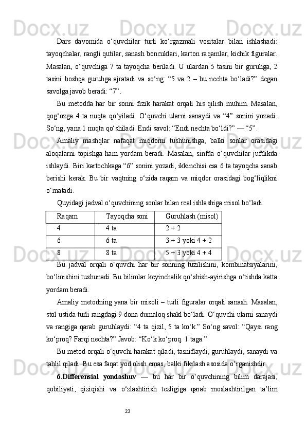 23Dars   davomida   o‘quvchilar   turli   ko‘rgazmali   vositalar   bilan   ishlashadi:
tayoqchalar, rangli qutilar, sanash boncuklari, karton raqamlar, kichik figuralar.
Masalan,   o‘quvchiga   7   ta  tayoqcha   beriladi.  U   ulardan   5   tasini   bir   guruhga,   2
tasini   boshqa   guruhga   ajratadi   va   so‘ng:   “5   va   2   –   bu   nechta   bo‘ladi?”   degan
savolga javob beradi: “7”.
Bu   metodda   har   bir   sonni   fizik   harakat   orqali   his   qilish   muhim.   Masalan,
qog‘ozga   4   ta   nuqta   qo‘yiladi.   O‘quvchi   ularni   sanaydi   va   “4”   sonini   yozadi.
So‘ng, yana 1 nuqta qo‘shiladi. Endi savol: “Endi nechta bo‘ldi?” — “5”.
Amaliy   mashqlar   nafaqat   miqdorni   tushunishga,   balki   sonlar   orasidagi
aloqalarni   topishga   ham   yordam   beradi.   Masalan,   sinfda   o‘quvchilar   juftlikda
ishlaydi. Biri kartochkaga “6” sonini yozadi, ikkinchisi esa 6 ta tayoqcha sanab
berishi   kerak.   Bu   bir   vaqtning   o‘zida   raqam   va   miqdor   orasidagi   bog‘liqlikni
o‘rnatadi.
Quyidagi jadval o‘quvchining sonlar bilan real ishlashiga misol bo‘ladi:
Raqam Tayoqcha soni Guruhlash (misol)
4 4 ta 2 + 2
6 6 ta 3 + 3 yoki 4 + 2
8 8 ta 5 + 3 yoki 4 + 4
Bu   jadval   orqali   o‘quvchi   har   bir   sonning   tuzilishini,   kombinatsiyalarini,
bo‘linishini tushunadi. Bu bilimlar keyinchalik qo‘shish-ayirishga o‘tishda katta
yordam beradi.
Amaliy metodning yana bir misoli  – turli figuralar orqali sanash. Masalan,
stol ustida turli rangdagi 9 dona dumaloq shakl bo‘ladi. O‘quvchi ularni sanaydi
va rangiga  qarab guruhlaydi:  “4  ta qizil,  5 ta  ko‘k.” So‘ng savol:  “Qaysi  rang
ko‘proq? Farqi nechta?” Javob: “Ko‘k ko‘proq. 1 taga.”
Bu metod orqali o‘quvchi harakat qiladi, tasniflaydi, guruhlaydi, sanaydi va
tahlil qiladi. Bu esa faqat yod olish emas, balki fikrlash asosida o‘rganishdir
6. Differensial   yondashuv   —   bu   har   bir   o‘quvchining   bilim   darajasi,
qobiliyati,   qiziqishi   va   o‘zlashtirish   tezligiga   qarab   moslashtirilgan   ta’lim 