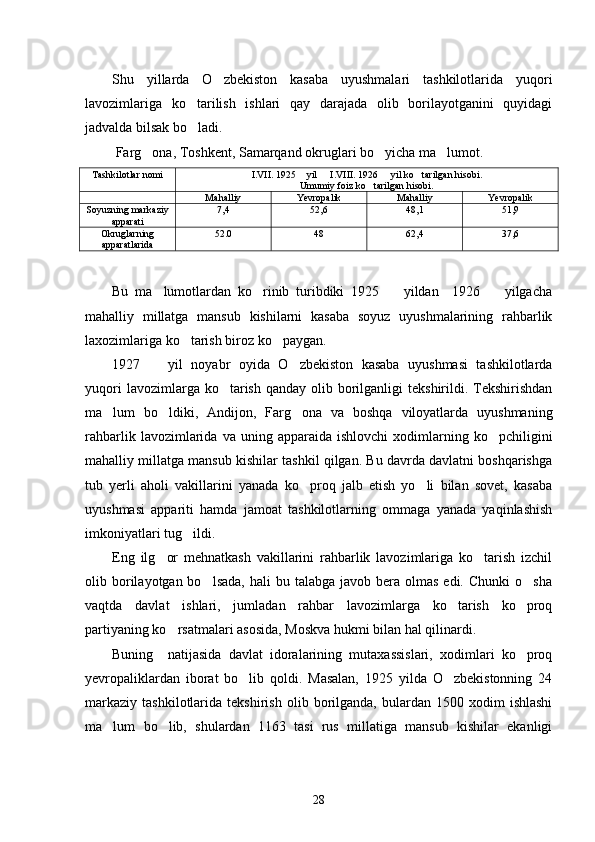 Shu   yillarda   O zbekiston   kasaba   uyushmalari   tashkilotlarida   yuqori
lavozimlariga   ko tarilish   ishlari   qay   darajada   olib   borilayotganini   quyidagi	

jadvalda bilsak bo ladi. 

 Farg ona, Toshkent, Samarqand okruglari bo yicha ma lumot. 	
  
Tashkilotlar nomi I.VII. 1925  yil   I.VIII. 1926   yil ko tarilgan hisobi.	
   
Umumiy foiz ko tarilgan hisobi.	

Mahalliy Yevropalik Mahalliy Yevropalik
Soyuzning markaziy
apparati 7,4 52,6 48,1 51,9
Okruglarning
apparatlarida 52.0 48 62,4 37,6
 
     
Bu   ma lumotlardan   ko rinib   turibdiki   1925     yildan     1926     yilgacha	
   
mahalliy   millatga   mansub   kishilarni   kasaba   soyuz   uyushmalarining   rahbarlik
laxozimlariga ko tarish biroz ko paygan. 	
 
1927     yil   noyabr   oyida   O zbekiston   kasaba   uyushmasi   tashkilotlarda	
 
yuqori   lavozimlarga ko tarish  qanday  olib  borilganligi   tekshirildi. Tekshirishdan	

ma lum   bo ldiki,   Andijon,   Farg ona   va   boshqa   viloyatlarda   uyushmaning	
  
rahbarlik  lavozimlarida  va  uning  apparaida  ishlovchi   xodimlarning  ko pchiligini	

mahalliy millatga mansub kishilar tashkil qilgan. Bu davrda davlatni boshqarishga
tub   yerli   aholi   vakillarini   yanada   ko proq   jalb   etish   yo li   bilan   sovet,   kasaba	
 
uyushmasi   appariti   hamda   jamoat   tashkilotlarning   ommaga   yanada   yaqinlashish
imkoniyatlari tug ildi. 	

Eng   ilg or   mehnatkash   vakillarini   rahbarlik   lavozimlariga   ko tarish   izchil	
 
olib borilayotgan bo lsada,   hali  bu  talabga javob  bera olmas  edi.  Chunki   o sha	
 
vaqtda   davlat   ishlari,   jumladan   rahbar   lavozimlarga   ko tarish   ko proq	
 
partiyaning ko rsatmalari asosida, Moskva hukmi bilan hal qilinardi. 	

Buning     natijasida   davlat   idoralarining   mutaxassislari,   xodimlari   ko proq	

yevropaliklardan   iborat   bo lib   qoldi.   Masalan,   1925   yilda   O zbekistonning   24	
 
markaziy   tashkilotlarida   tekshirish   olib  borilganda,  bulardan   1500  xodim   ishlashi
ma lum   bo lib,   shulardan   1163   tasi   rus   millatiga   mansub   kishilar   ekanligi	
 
28 