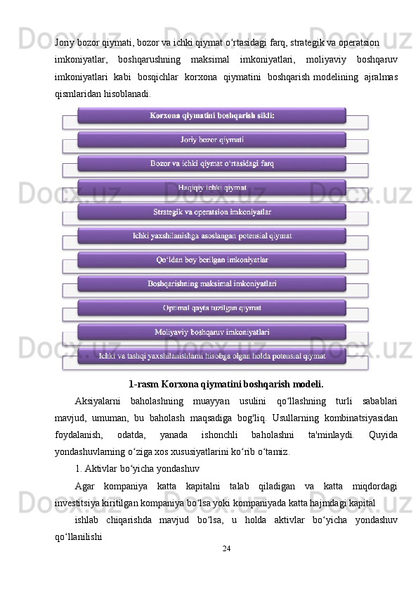 Joriy bozor qiymati, bozor va ichki qiymat o rtasidagi farq, strategik va operatsion ʻ
imkoniyatlar,     boshqarushning     maksimal     imkoniyatlari,     moliyaviy     boshqaruv
imkoniyatlari   kabi   bosqichlar   korxona   qiymatini   boshqarish modelining   ajralmas
qismlaridan hisoblanadi.
1-rasm Korxona qiymatini boshqarish modeli.
Aksiyalarni     baholashning     muayyan     usulini     qo llashning     turli     sabablari	
ʻ
mavjud,   umuman,   bu   baholash   maqsadiga   bog'liq.   Usullarning   kombinatsiyasidan
foydalanish,     odatda,     yanada     ishonchli     baholashni     ta'minlaydi.     Quyida
yondashuvlarning o ziga xos xususiyatlarini ko rib o tamiz.   	
ʻ ʻ ʻ
1. Aktivlar bo yicha yondashuv 
ʻ
Agar     kompaniya     katta     kapitalni     talab     qiladigan     va     katta     miqdordagi
investitsiya kiritilgan kompaniya bo lsa yoki kompaniyada katta hajmdagi kapital 	
ʻ
ishlab   chiqarishda   mavjud   bo lsa,   u   holda   aktivlar   bo yicha   yondashuv	
ʻ ʻ
qo llanilishi 	
ʻ
24 