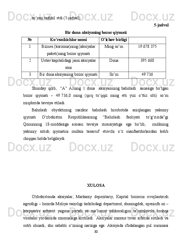 so mni tashkil etdi (5-jadval).  ʻ
5-jadval 
Bir dona aksiyaning bozor qiymati
№ Ko rsatkichlar nomi 	
ʻ O’lchov birligi
1 Biznes (korxona)ning (aksiyalar 
paketi)ning bozor qiymati  Ming so’m 19   678 375
2 Ustav kapitalidagi jami aksiyalar
soni  Dona 395 660
3 Bir dona aksiyaning bozor qiymati So’m 49 736
Shunday   qilib,     “A”   AJning   1   dona     aksiyasining   baholash     sanasiga   bo lgan	
ʻ
bozor   qiymati   –   49 736,0   ming   (qirq   to qqiz   ming   etti   yuz   o ttiz   olti)   so m	
ʻ ʻ ʻ
miqdorida tavsiya etiladi.  
Baholash     obyektining     mazkur     baholash     hisobotida     aniqlangan     yakuniy
qiymati     O zbekiston     Respublikasining     “Baholash     faoliyati     to g‘risida”gi	
ʻ ʻ
Qonunning     18-moddasiga     asosan     tavsiya     xususiyatiga     ega     bo lib,         mulkning	
ʻ
yakuniy     sotish     qiymatini     mulkni     tasarruf     etuvchi     o z     manfaatdorlaridan     kelib	
ʻ
chiqqan holda belgilaydi.
XULOSA
O'zbekistonda   aksiyalar,   Markaziy   depozitariy,   Kapital   bozorini   rivojlantirish
agentligi – hozirda Moliya vazirligi tarkibidagi department, shuningdek, openinfo.uz –
korporativ   axborot   yagona   portali   va   ma’lumot   oshkoraligini   ta’minlovchi   boshqa
vositalar yordamida muomalaga kiritiladi.   Aksiyalar maxsus tovar sifatida sotiladi va
sotib   olinadi,   shu   sababli   o zining   narxiga   ega.   Aksiyada   ifodalangan   pul   summasi	
ʻ
30 