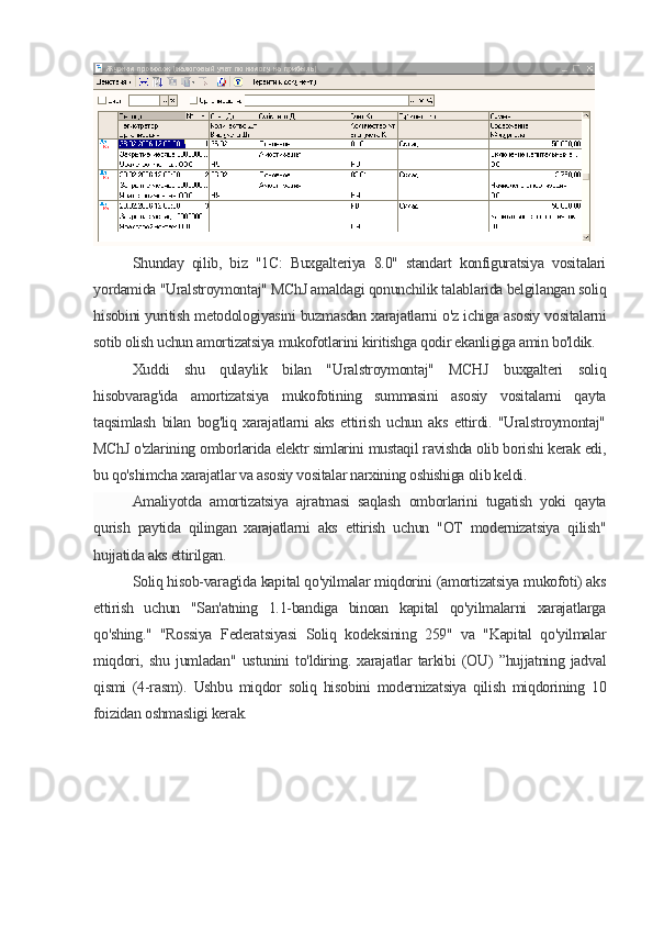 Shunday   qilib,   biz   "1C:   Buxgalteriya   8.0"   standart   konfiguratsiya   vositalari
yordamida "Uralstroymontaj" MChJ amaldagi qonunchilik talablarida belgilangan soliq
hisobini yuritish metodologiyasini buzmasdan xarajatlarni o'z ichiga asosiy vositalarni
sotib olish uchun amortizatsiya mukofotlarini kiritishga qodir ekanligiga amin bo'ldik.
Xuddi   shu   qulaylik   bilan   "Uralstroymontaj"   MCHJ   buxgalteri   soliq
hisobvarag'ida   amortizatsiya   mukofotining   summasini   asosiy   vositalarni   qayta
taqsimlash   bilan   bog'liq   xarajatlarni   aks   ettirish   uchun   aks   ettirdi.   "Uralstroymontaj"
MChJ o'zlarining omborlarida elektr simlarini mustaqil ravishda olib borishi kerak edi,
bu qo'shimcha xarajatlar va asosiy vositalar narxining oshishiga olib keldi.
Amaliyotda   amortizatsiya   ajratmasi   saqlash   omborlarini   tugatish   yoki   qayta
qurish   paytida   qilingan   xarajatlarni   aks   ettirish   uchun   "OT   modernizatsiya   qilish"
hujjatida aks ettirilgan.
Soliq hisob-varag'ida kapital qo'yilmalar miqdorini (amortizatsiya mukofoti) aks
ettirish   uchun   "San'atning   1.1-bandiga   binoan   kapital   qo'yilmalarni   xarajatlarga
qo'shing."   "Rossiya   Federatsiyasi   Soliq   kodeksining   259"   va   "Kapital   qo'yilmalar
miqdori,   shu   jumladan"   ustunini   to'ldiring.   xarajatlar   tarkibi   (OU)   ”hujjatning   jadval
qismi   (4-rasm).   Ushbu   miqdor   soliq   hisobini   modernizatsiya   qilish   miqdorining   10
foizidan oshmasligi kerak.