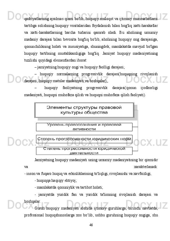 qadriyatlarning ajralmas qismi bo'lib, huquqiy muloqot va ijtimoiy munosabatlarni
tartibga solishning huquqiy vositalaridan foydalanish bilan bog'liq xatti-harakatlar
va   xatti-harakatlarning   barcha   turlarini   qamrab   oladi.   Bu   aholining   umumiy
madaniy   darajasi   bilan   bevosita   bog'liq   bo'lib,   aholining   huquqiy   ong   darajasiga,
qonunchilikning   holati   va   xususiyatiga,   shuningdek,   mamlakatda   mavjud   bo'lgan
huquqiy   tartibning   mustahkamligiga   bog'liq.   Jamiyat   huquqiy   madaniyatining
tuzilishi quyidagi elementlardan iborat: 
– jamiyatning huquqiy ongi va huquqiy faolligi darajasi;
–   huquqiy   normalarning   progressivlik   darajasi(huquqning   rivojlanish
darajasi, huquqiy matnlar madaniyati va boshqalar);
– huquqiy   faoliyatning   progressivlik   darajasi(qonun   ijodkorligi
madaniyati, huquqni muhofaza qilish va huquqni muhofaza qilish faoliyati).
Jamiyatning huquqiy madaniyati uning umumiy madaniyatining bir qismidir
va   xarakterlanadi:
- inson va fuqaro huquq va erkinliklarining to'liqligi, rivojlanishi va xavfsizligi;
- huquqqa haqiqiy ehtiyoj;
- mamlakatda qonuniylik va tartibot holati;
-   jamiyatda   yuridik   fan   va   yuridik   ta ' limning   rivojlanish   darajasi   va
boshqalar .
Guruh   huquqiy   madaniyati   alohida   ijtimoiy   guruhlarga ,   birinchi   navbatda ,
professional   huquqshunoslarga   xos   bo ‘ lib ,   ushbu   guruhning   huquqiy   ongiga ,   shu
46 