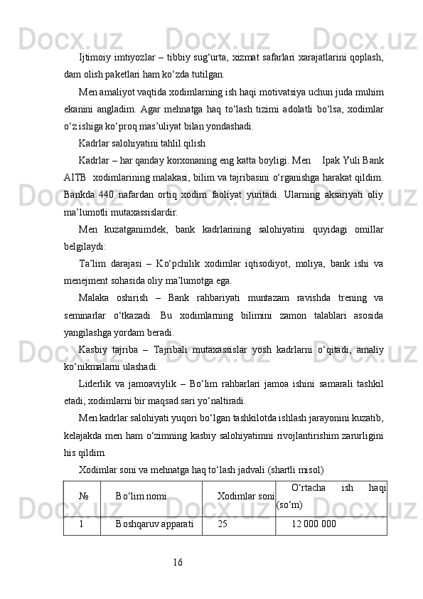 16Ijtimoiy imtiyozlar  – tibbiy sug‘urta, xizmat  safarlari xarajatlarini  qoplash,
dam olish paketlari ham ko‘zda tutilgan.
Men amaliyot vaqtida xodimlarning ish haqi motivatsiya uchun juda muhim
ekanini   angladim.   Agar   mehnatga   haq   to‘lash   tizimi   adolatli   bo‘lsa,   xodimlar
o‘z ishiga ko‘proq mas’uliyat bilan yondashadi.
Kadrlar salohiyatini tahlil qilish
Kadrlar – har qanday korxonaning eng katta boyligi. Men     Ipak Yuli Bank
AITB    xodimlarining malakasi, bilim va tajribasini o‘rganishga harakat qildim.
Bankda   440   nafardan   ortiq   xodim   faoliyat   yuritadi.   Ularning   aksariyati   oliy
ma’lumotli mutaxassislardir.
Men   kuzatganimdek,   bank   kadrlarining   salohiyatini   quyidagi   omillar
belgilaydi:
Ta’lim   darajasi   –   Ko‘pchilik   xodimlar   iqtisodiyot,   moliya,   bank   ishi   va
menejment sohasida oliy ma’lumotga ega.
Malaka   oshirish   –   Bank   rahbariyati   muntazam   ravishda   trening   va
seminarlar   o‘tkazadi.   Bu   xodimlarning   bilimini   zamon   talablari   asosida
yangilashga yordam beradi.
Kasbiy   tajriba   –   Tajribali   mutaxassislar   yosh   kadrlarni   o‘qitadi,   amaliy
ko‘nikmalarni ulashadi.
Liderlik   va   jamoaviylik   –   Bo‘lim   rahbarlari   jamoa   ishini   samarali   tashkil
etadi, xodimlarni bir maqsad sari yo‘naltiradi.
Men kadrlar salohiyati yuqori bo‘lgan tashkilotda ishlash jarayonini kuzatib,
kelajakda men ham o‘zimning kasbiy salohiyatimni rivojlantirishim zarurligini
his qildim.
Xodimlar soni va mehnatga haq to‘lash jadvali (shartli misol)
№ Bo‘lim nomi Xodimlar soni O‘rtacha   ish   haqi
(so‘m)
1 Boshqaruv apparati 25 12 000 000 
