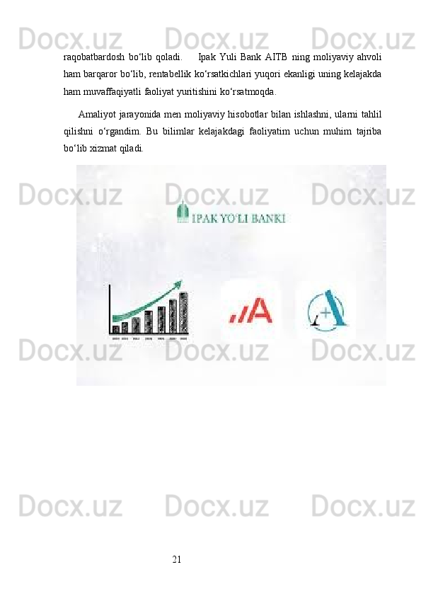 21raqobatbardosh   bo‘lib   qoladi.         Ipak   Yuli   Bank   AITB   ning   moliyaviy   ahvoli
ham barqaror bo‘lib, rentabellik ko‘rsatkichlari yuqori ekanligi uning kelajakda
ham muvaffaqiyatli faoliyat yuritishini ko‘rsatmoqda.
Amaliyot jarayonida men moliyaviy hisobotlar bilan ishlashni, ularni tahlil
qilishni   o‘rgandim.   Bu   bilimlar   kelajakdagi   faoliyatim   uchun   muhim   tajriba
bo‘lib xizmat qiladi. 