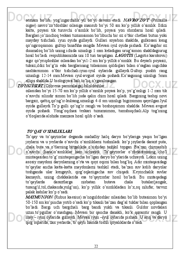 sernam   bo’lib,   yog’ingarchilik   yil   bo’yi   davom   etadi.   NAVRO’ZO’T   (Primulla
oigae)   navro’zo’tdoshlar   oilasiga   mansub   bo’yi   50   sm   ko’p   yillik   o’simlik.   Ildizi
kalta,   poyasi   tik   turuvchi   o’simlik   bo’lib,   poyasi   yon   shoxlarni   hosil   qiladi.
Barglari jo’zinchoq teskari tuxumsimon bo’libuchi bir oz o’tkir chetlari butun yoki
mayday   tishchali.   iyun   oyida   gullaydi.   Gullari   soyabon   shaklda,   gulkosasi   keng
qo’ngiroqsimon. gultoji binafsha rangda. Mevasi iyul oyida pishadi. Ko’sagibir oz
duumaloq bo’lib uning ichida uzunligi 1 mm keladigan urug’simon shakldagiurug
hosil bo’ladi. respublikamizda uni 10 turi tarqalgan.  LAGOTIS  (Lagotis karokovii)
sigir qo’yriqdoshlar oilasidan bo’yi1-2 sm ko’p yillik o’simlik. Bu deyarli poyasiz,
tuksiz,ildiz   bo’g’zi   eski   barglarining   tolasimon   qoldiqlari   bilan   o’raglan   ingichka
nashtarsimon   o’tkir   tishchali.iyun-iyul   oylarida   gullaydi.Gultoji   pushti   rang
uzunligi   12-14   mm.Mevasi   iyul-avgust   oyida   pishadi.Ko’sagining   uzinligi   5mm
ellips shaklda.U biologiyasi hali to’liq o’rganilmagan. 
TO’NG’ISIRT  (Cobresia pamiralaiga) hiloldoshlar 
oilasidan bo’yi 15-70 sm ko’p yillik o’simlik poyasi ko’p, yo’g’onligi 1-2 mm tik
o’suvchi   silindir   simon   bo’lib   juda  qalin   chim   hosil   qiladi.   Bargining   tashqi   novi
bargsiz, qattiq,qo’ng’ir-kulrang,uzunligi 4-6 sm uzinligi bigizsimon qayrilgan.Iyul
oyida gullaydi.To’p gulli  qo’ng’ir   rangli   va boshoqsimon  shaklda.  Mevasi   avgust
oyida   pishadi.   Yong’oqchasi   teskari   tuxumsimon,   tumshuqchali.Alp   tog’ining
o’tloqlarida alohida manzara hosil qilib o’sadi. 
 
 
  TO’QAY O’SIMLIKLARI 
To’qay   va   to’qayzorlar   deganda   mahalliy   halq   daryo   bo’ylariga   yaqin   bo’lgan
joylarni va u yerlarda o’suvchi o’simliklarni tushniladi. ko’p joylarda daraxt puta,
chala   buta   va   o’tlarning   birgalikda   o’sishidan   tashkil   topgan.   Ba’zan   chirmashib
o’suvchi   (liana)o’simliklar   ham   uchraydi.   To’qayzorlar   o’zbekistonning   cho’l
mintaqasidan to’g’ mintaqasigacha bo’lgan daryo bo’ylarida uchraydi. Lekin uning
asosiy maydoni daryolarning o’rta va quyi oqimi bilan bog’liq. Adir mintaqasidagi
to’qaylar   ancha   katta-katta   maydonlarni   tashkil   etadi,   ba’zan   suv   kelib   daryolar
toshganda   ular   kengayib,   qirg’oqlariigacha   suv   chiqadi.   Keyinchalik   suvlar
kamayib,   uning   chekkalarida   esa   to’qayzorlar   hosil   bo’ladi.   Bu   mntaqadagi
to’qaylarda   daraxtlarga   nisbatan   butava   chala   butalar(jangak,
turang’il,tol,chakanda,yulg’un),   ko’p   yillik   o’simlikladan   lo’x,oq   nilufar,   tarvuz
palak kabilar ko’p o’sadi. 
MAYMUNJON   (Rubus kaesius) ra’noguldoshlar oilasidan bo’lib butasimon bo’yi
50-150 sm ko’pincha yotib o’sadi ko’p tikanli ba’zan dag’al tuklar bilan qoplangan
bo’ladi.   Bargi   uch   bargchali.   barg   bandi   yukli   va   tikanli.   Guldor   novdalari
uzun.to’pgullar   o’rnashgan.   Mevasi   bir   qancha   danakli,   ko’k   qoramtir   rangli.   U
may – iyun oylarida gullaydi. Mevasi iyun –iyul oylarida pishadi. U ariq va daryo
qirg’oqlarida, zax yerlarda, to’qayli hamda toshli qoyaliklarda o’sadi. 
  22   