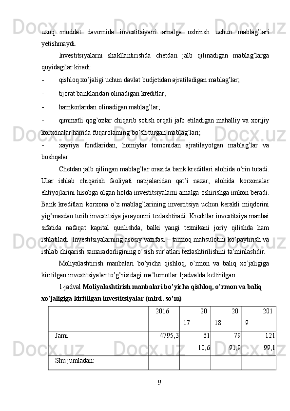 uzoq   muddat   davomida   investitsiyani   amalga   oshirish   uchun   mablag’lari
yetishmaydi.  
Investitsiyalarni   shakllantirishda   chetdan   jalb   qilinadigan   mablag’larga
quyidagilar kiradi: 
- qishloq xo’jaligi uchun davlat budjetidan ajratiladigan mablag’lar; 
- tijorat banklaridan olinadigan kreditlar; 
- hamkorlardan olinadigan mablag’lar; 
- qimmatli qog’ozlar chiqarib sotish orqali jalb etiladigan mahalliy va xorijiy
korxonalar hamda fuqarolarning bo’sh turgan mablag’lari; 
- xayriya   fondlaridan,   homiylar   tomonidan   ajratilayotgan   mablag’lar   va
boshqalar. 
Chetdan jalb qilingan mablag’lar orasida bank kreditlari alohida o’rin tutadi.
Ular   ishlab   chiqarish   faoliyati   natijalaridan   qat’i   nazar,   alohida   korxonalar
ehtiyojlarini hisobga olgan holda investitsiyalarni amalga oshirishga imkon beradi.
Bank   kreditlari   korxona   o’z   mablag’larining   investitsiya   uchun   kerakli   miqdorini
yig’masdan turib investitsiya jarayonini tezlashtiradi. Kreditlar investitsiya manbai
sifatida   nafaqat   kapital   qurilishda,   balki   yangi   texnikani   joriy   qilishda   ham
ishlatiladi. Investitsiyalarning asosiy vazifasi – tarmoq mahsulotini ko’paytirish va
ishlab chiqarish samaradorligining o’sish sur’atlari tezlashtirilishini ta’minlashdir. 
Moliyalashtirish   manbalari   bo’yicha   qishloq,   o’rmon   va   baliq   xo’jaligiga
kiritilgan investitsiyalar to’g’risidagi ma’lumotlar 1jadvalda keltirilgan. 
1-jadval  Moliyalashtirish manbalari bo’yicha qishloq, o’rmon va baliq 
xo’jaligiga kiritilgan investitsiyalar (mlrd. so’m) 
2016 20
17 20
18 201
9
Jami 4795,3 61
10,6 79
91,9 121
99,1
Shu jumladan:
9 