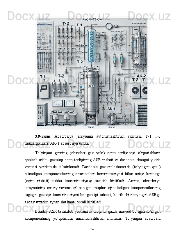 3.9-rasm.   Absorbsiya   jarayonini   avtomatlashtirish   sxemasi.   T-1   T-2
muzlatgichlari; AK-1 absorbsiya ustuni 
To’yingan   gazning   (absorber   gaz   yuki)   oqim   tezligidagi   o’zgarishlarni
qoplash   ushbu   gazning   oqim   tezligining  ASR   nisbati   va   dastlabki   changni   yutish
vositasi   yordamida   ta’minlanadi.   Dastlabki   gaz   aralashmasida   (to’yingan   gaz   )
olinadigan   komponentlarning   o’zaruvchan   konsentratsiyasi   bilan   oxirgi   konturga
(oqim   nisbati)   ushbu   konsentratsiyaga   tuzatish   kiritiladi.   Ammo,   absorbsiya
jarayonining   asosiy   nazorat   qilinadigan   miqdori   ajratiladigan   komponentlarning
tugagan gazdagi konsentratsiyasi bo’lganligi sababli, ko’rib chiqikayotgan ASRga
asosiy tuzatish aynan shu kanal orqali kiritiladi. 
Bunday ASR tashkiloti yordamida chiqindi gazda mavjud bo’lgan so’rilgan
komponentning   yo’qolishini   minimallashtirish   mumkin.   To’yingan   absorbent
52 