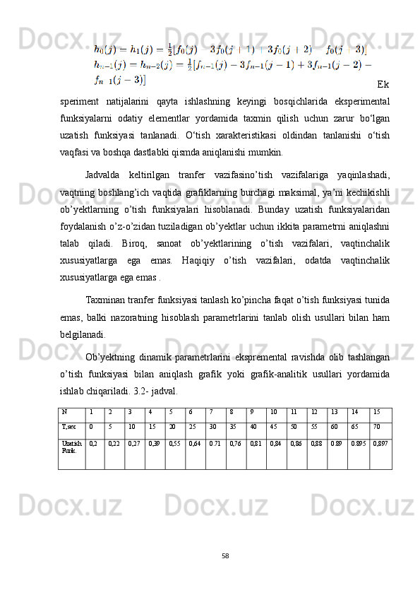 Ek
speriment   natijalarini   qayta   ishlashning   keyingi   bosqichlarida   eksperimental
funksiyalarni   odatiy   elementlar   yordamida   taxmin   qilish   uchun   zarur   bo‘lgan
uzatish   funksiyasi   tanlanadi.   O‘tish   xarakteristikasi   oldindan   tanlanishi   o‘tish
vaqfasi va boshqa dastlabki qismda aniqlanishi mumkin.
Jadvalda   keltirilgan   tranfer   vazifasino’tish   vazifalariga   yaqinlashadi,
vaqtning  boshlang’ich  vaqtida  grafiklarning  burchagi   maksimal,  ya’ni  kechikishli
ob’yektlarning   o’tish   funksiyalari   hisoblanadi.   Bunday   uzatish   funksiyalaridan
foydalanish  o’z-o’zidan tuziladigan ob’yektlar uchun ikkita parametrni  aniqlashni
talab   qiladi.   Biroq,   sanoat   ob’yektlarining   o’tish   vazifalari,   vaqtinchalik
xususiyatlarga   ega   emas.   Haqiqiy   o’tish   vazifalari,   odatda   vaqtinchalik
xususiyatlarga ega emas . 
Taxminan tranfer funksiyasi tanlash ko’pincha faqat o’tish funksiyasi tunida
emas,   balki   nazoratning   hisoblash   parametrlarini   tanlab   olish   usullari   bilan   ham
belgilanadi.
Ob’yektning   dinamik   parametrlarini   ekspremental   ravishda   olib   tashlangan
o’tish   funksiyasi   bilan   aniqlash   grafik   yoki   grafik-analitik   usullari   yordamida
ishlab chiqariladi. 3.2- jadval.
N 1 2 3 4 5 6 7 8 9 10 11 12 13 14 15
T,sex 0 5 10 15 20 25 30 35 40 45 50 55 60 65 70
Uzatish
Funk. 0,2 0,22 0,27 0,39 0,55 0,64 0.71 0,76 0,81 0,84 0,86 0,88 0.89 0.895 0,897
58 