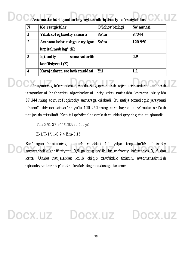 Avtomatlashtirilgandan keyingi texnik-iqtisodiy ko’rsatgichlar.
N  Ko’rsatgichlar  O’lchov birligi  So’mmasi
1 Yillik sof iqtisodiy samara  So’m 87344
2 Avtomatlashtirishga   quyilgan
kapital mablag’ (K) So’m  120   950 
3 Iqtisodiy   samaradorlik
koeffisiyenti (E) 0.9
4 Xarajatlarni saqlash muddati Yil 1.1
Jarayonning   ta'minotchi   qismida   Bug   qozoni   ish   rejimlarini   avtomatlashtirish
jarayonlarini   boshqarish   algoritmlarini   joriy   etish   natijasida   korxona   bir   yilda
87   344 ming so'm sof iqtisodiy samaraga erishadi. Bu natija texnologik jarayonni
takomillashtirish   uchun   bir   yo'la   120   950   ming   so'm   kapital   qo'yilmalar   sarflash
natijasida erishiladi. Kapital qo'yilmalar qoplash muddati quyidagicha aniqlanadi:
Tan-S/K-87 344/120950-1.1 yil
E-1/T-1/11-0,9 > Em-0,15
Sarflangan   kapitalning   qoplash   muddati   1.1   yilga   teng   bo'ldi.   Iqtisodiy
samaradorlik   koeffitsiyenti   0,9   ga   teng   bo'lib,   bu   me'yoriy   ko'rsatkich   0,15   dan
katta.   Ushbu   natijalardan   kelib   chiqib   xavfsizlik   tizimini   avtomatlashtirish
iqtisodiy va texnik jihatdan foydali degan xulosaga kelamiz.
75 
