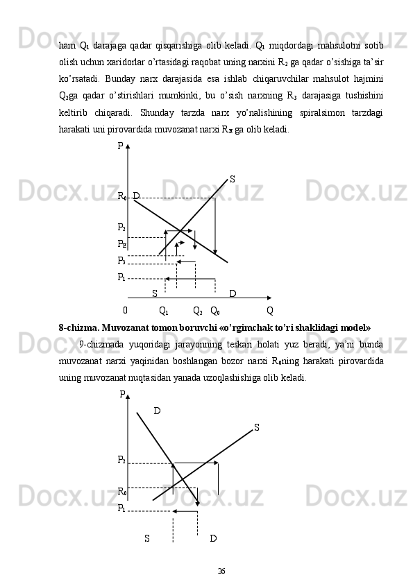 ham   Q
1   darajaga   qadar   qisqarishiga   olib   keladi.   Q
1   miqdordagi   mahsulotni   sotib
olish uchun xaridorlar o’rtasidagi raqobat uning narxini R
2  ga qadar o’sishiga ta’sir
ko’rsatadi.   Bunday   narx   darajasida   esa   ishlab   chiqaruvchilar   mahsulot   hajmini
Q
2 ga   qadar   o’stirishlari   mumkinki,   bu   o’sish   narxning   R
3   darajasiga   tushishini
keltirib   chiqaradi.   Shunday   tarzda   narx   yo’nalishining   spiralsimon   tarzdagi
harakati uni pirovardida muvozanat narxi R
E  ga olib keladi.
                  P
                                                                S
                  R
0    D
                   
                   P
2
                  P
E
                  P
3
                   P
1
                                  S                                D
                   0             Q
1           Q
2    Q
0                    Q
8-chizma. Muvozanat tomon boruvchi «o’rgimchak to’ri shaklidagi model»
9-chizmada   yuqoridagi   jarayonning   teskari   holati   yuz   beradi,   ya’ni   bunda
muvozanat   narxi   yaqinidan   boshlangan   bozor   narxi   R
0 ning   harakati   pirovardida
uning muvozanat nuqtasidan yanada uzoqlashishiga olib keladi.
                  P
                                 D
                                                                          S
             
    
                   P
2
              
                  R
0  
                  P
1    
             
                             S                           D
26 