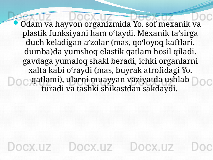 
Odam va hayvon organizmida Yo. sof mexanik va 
plastik funksiyani ham oʻtaydi. Mexanik taʼsirga 
duch keladigan aʼzolar (mas, qoʻloyoq kaftlari, 
dumba)da yumshoq elastik qatlam hosil qiladi. 
gavdaga yumaloq shakl beradi, ichki organlarni 
xalta kabi oʻraydi (mas, buyrak atrofidagi Yo. 
qatlami), ularni muayyan vaziyatda ushlab 
turadi va tashki shikastdan sakdaydi.  