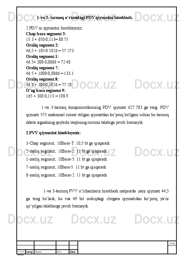 O’lcha m
mm m varaq Hujjat: Imzo
Sana  varaq1-va 3- tarmoq o’rtasidagi PDV qiymatini hisoblash.
2.PDV ni qiymatini hisoblaymiz:
Chap baza segment 3:
15.3 + 650∙0,113= 88.75
Oraliq segment 2:
46,5 + 105∙0.1026 = 57.273
Oraliq segment 1:
46.5+ 300∙0,0866 = 72.48
Oraliq segment 7:
46.5 + 1000∙0,0866 = 133.1
Oraliq segment 8:
46.5 + 300∙0,1026 = 77.28
O’ng baza segment 9:
165 + 300∙0,113 = 198.9
                1-va   3-tarmoq   komponentlarining   PDV   qiymati   627.783   ga   teng.   PDV
qiymati 575 maksimal ruxsat etilgan qiymatdan ko’proq bo'lgani uchun bu tarmoq
ikkita signalning qaytishi vaqtining mezoni talabiga javob bermaydi.
2.PVV qiymatini hisoblaymiz:
3-Chap segment,  10Base-T: 10,5 bt ga qisqaradi.
2-oraliq segment,  10Base-2: 11 bt ga qisqaradi.
1-oraliq segment,  10Base-5: 11 bt ga qisqaradi.
7-oraliq segment, 10Base-5: 11 bt ga qisqaradi.
8-oraliq segment,  10Base-2: 11 bt ga qisqaradi.
                 1-va 3-tarmoq PVV o’lchamlarni hisoblash natijasida  jami qiymati 44,5
ga   teng   bo’ladi,   bu   esa   49   bit   oraliqdagi   chegara   qiymatidan   ko’proq   ya’ni
qo’yilgan talablarga javob bermaydi. 